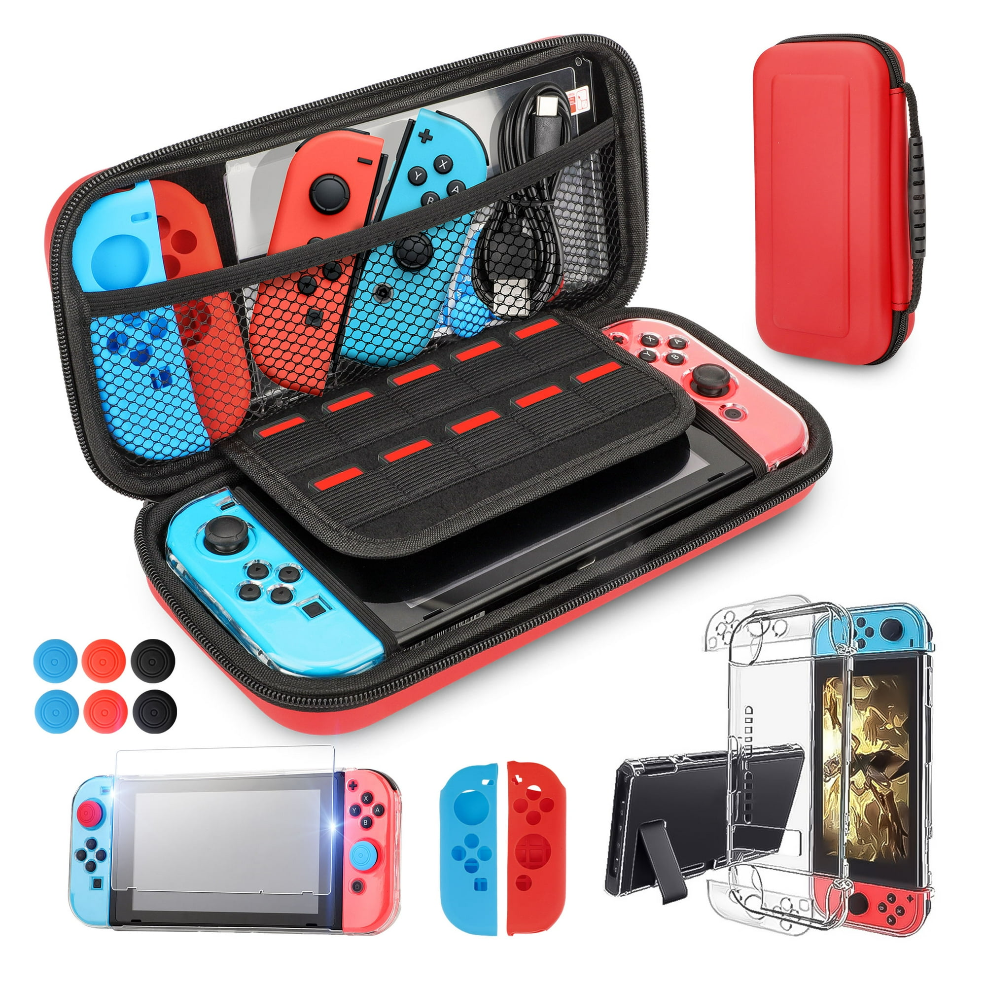 Rotes und schwarzes Nintendo Switch Case mit Zubehör. Enthält Controller, Displayschutz und Konsole.