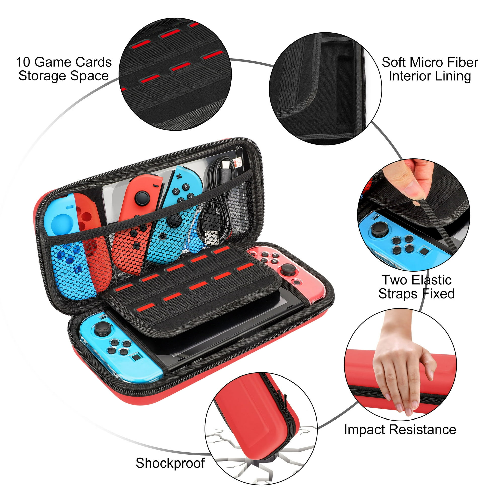 Rote und schwarze Gaming-Hülle geöffnet, zeigt Spielkarten und Controller. Der Hintergrund ist weiß.