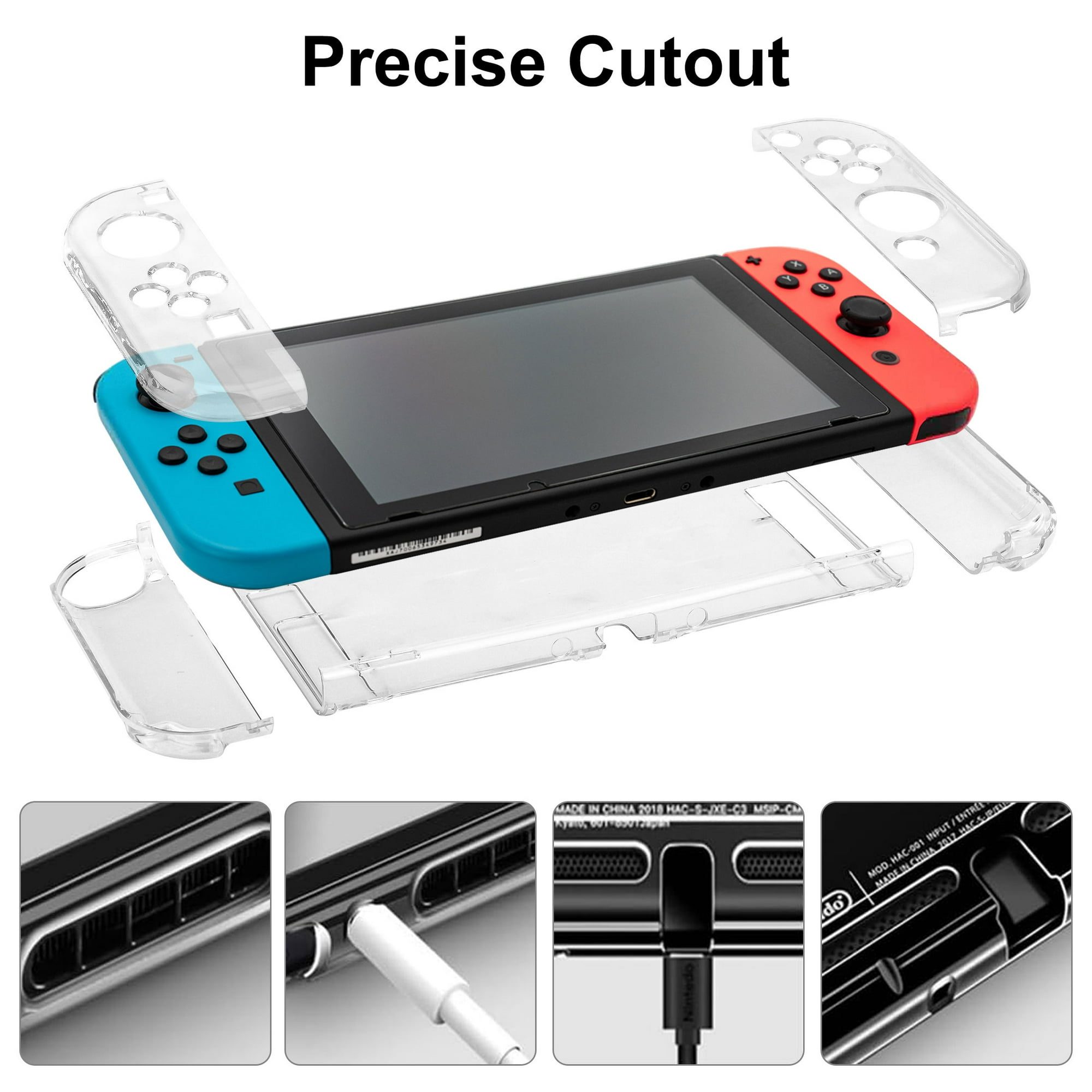 Nintendo Switch mit transparenten Schutzhüllen. Die Konsole ist rot und blau mit schwarzem Bildschirm. Hüllen sind abgenommen.