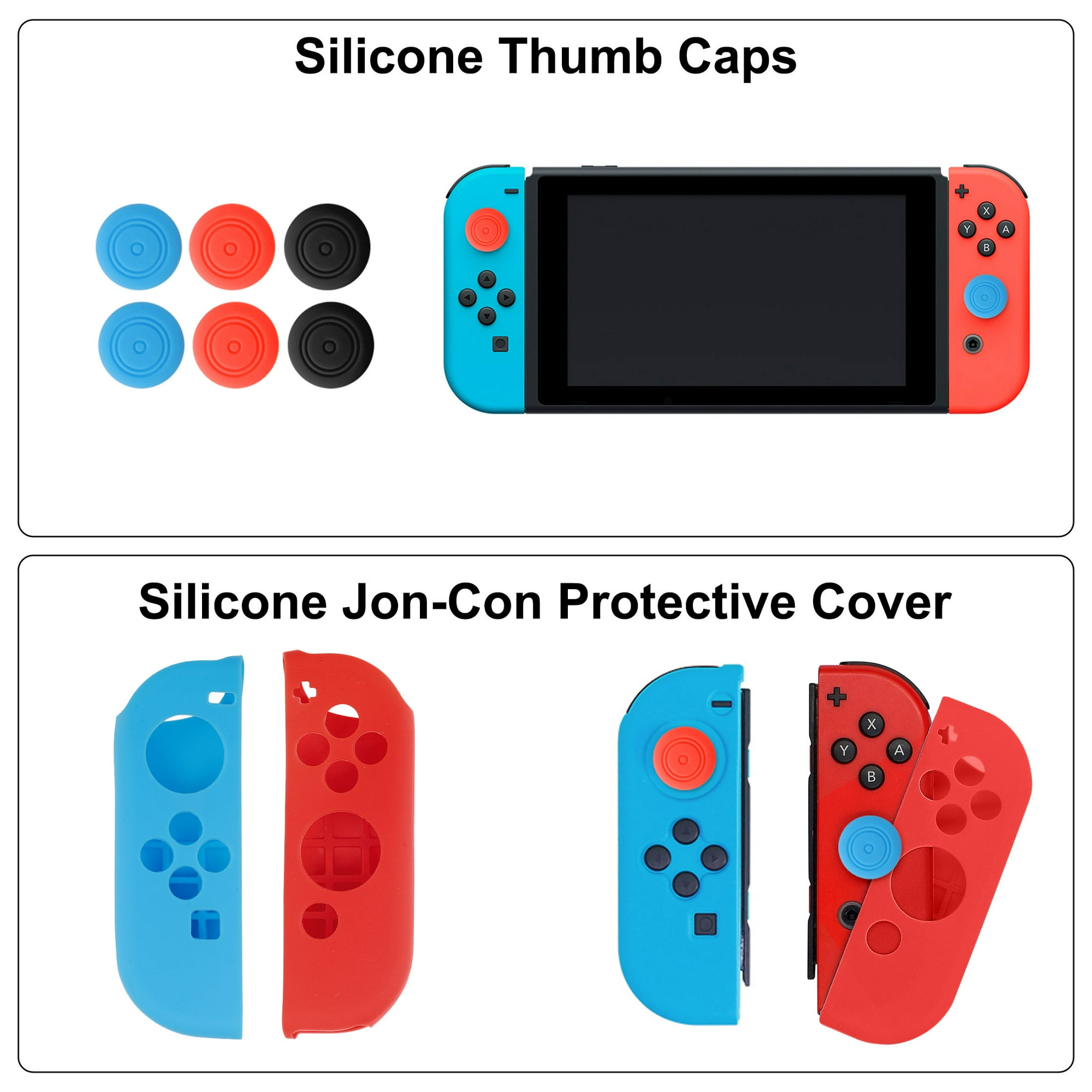 Silikon-Daumenkappen und Jon-Con-Schutzhüllen, rot und blau, für eine Spielekonsole.