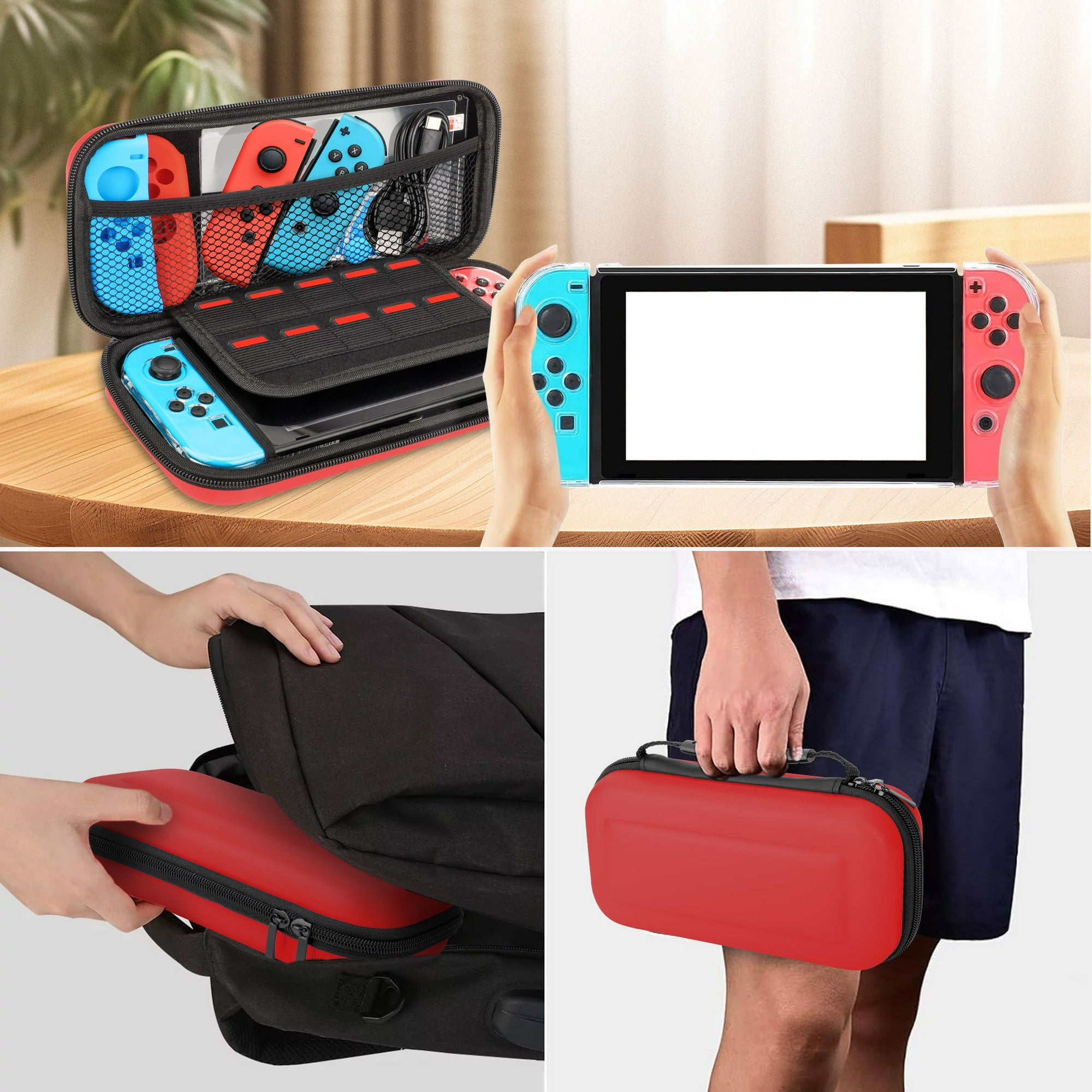 Verschiedene Bilder einer roten Tragetasche für eine Videospielkonsole und die Konsole selbst.