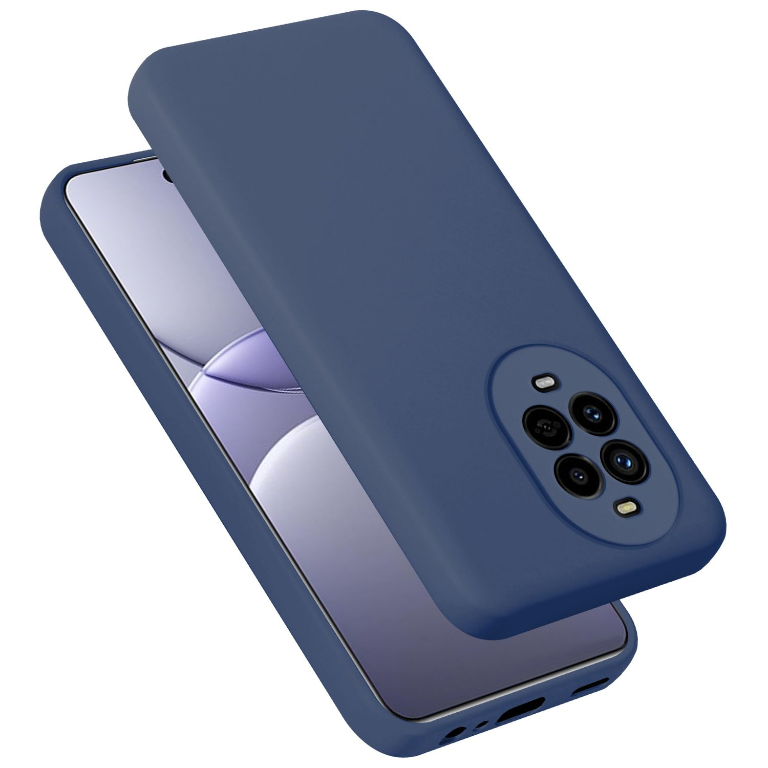 Blaue Handyhülle auf weißem Hintergrund, bedeckt einen Telefonbildschirm. Die Hülle hat einen Kameraausschnitt.