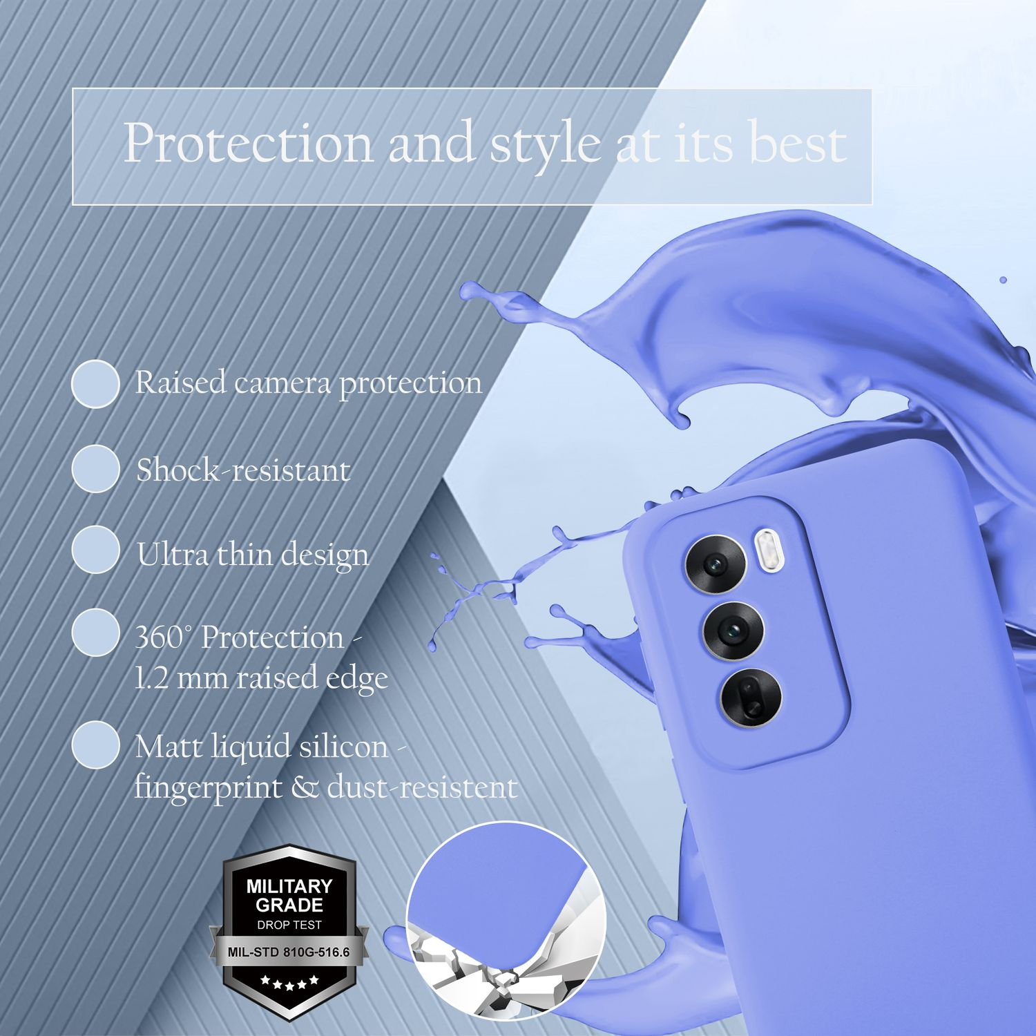 Eine Handyhülle in Blau mit einem Spritzer blauer Flüssigkeit und Stichpunkten, die ihre Eigenschaften beschreiben.