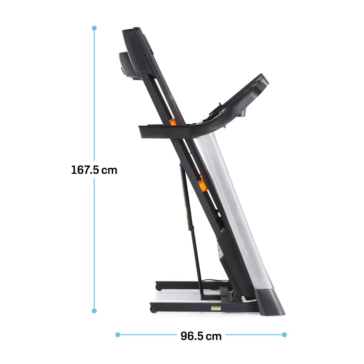 Ein Laufband von der Seite mit den Maßen 167,5 cm und 96,5 cm.