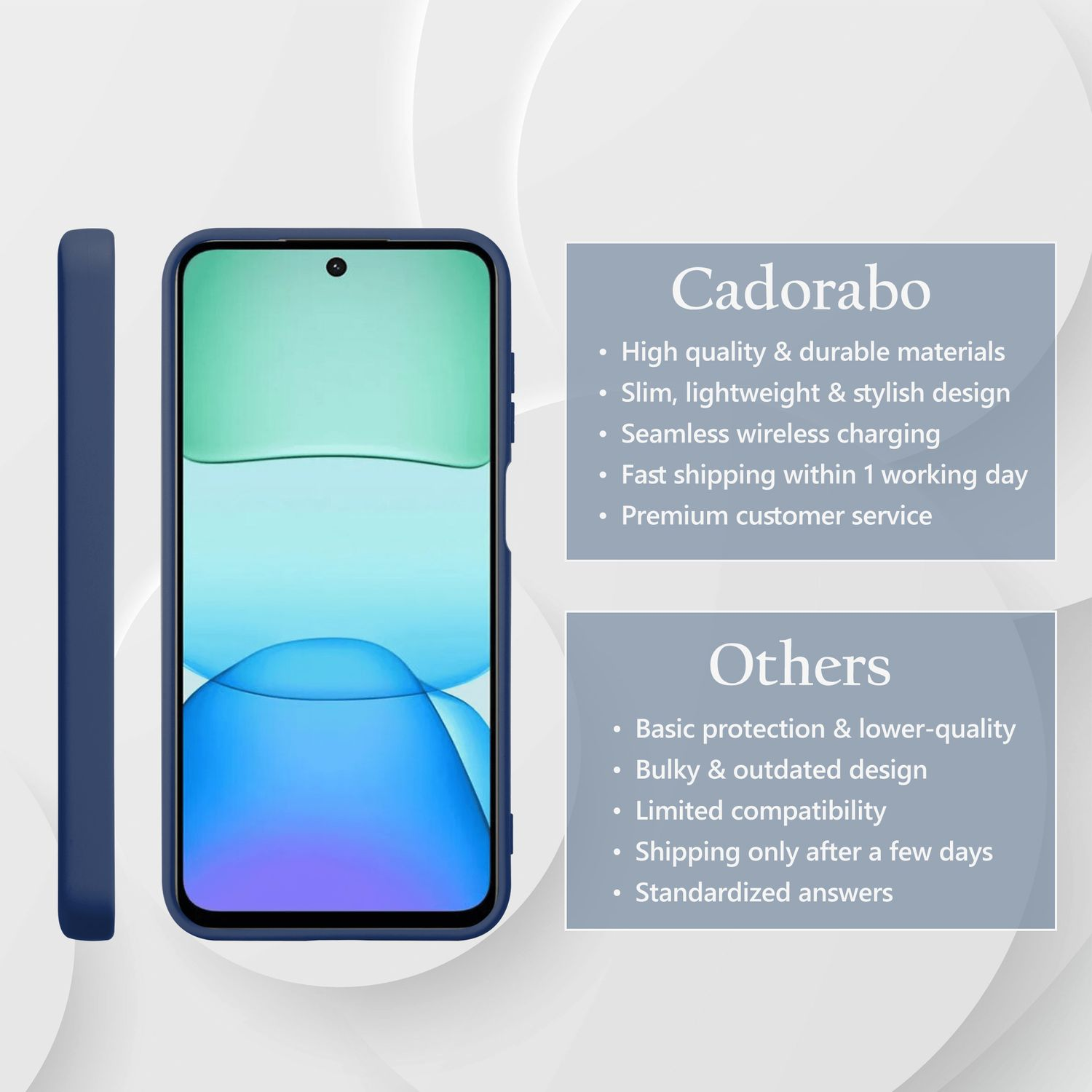 Dunkelblaue Handyhülle und Telefon, Vergleich zwischen Cadorabo-Funktionen und anderen.