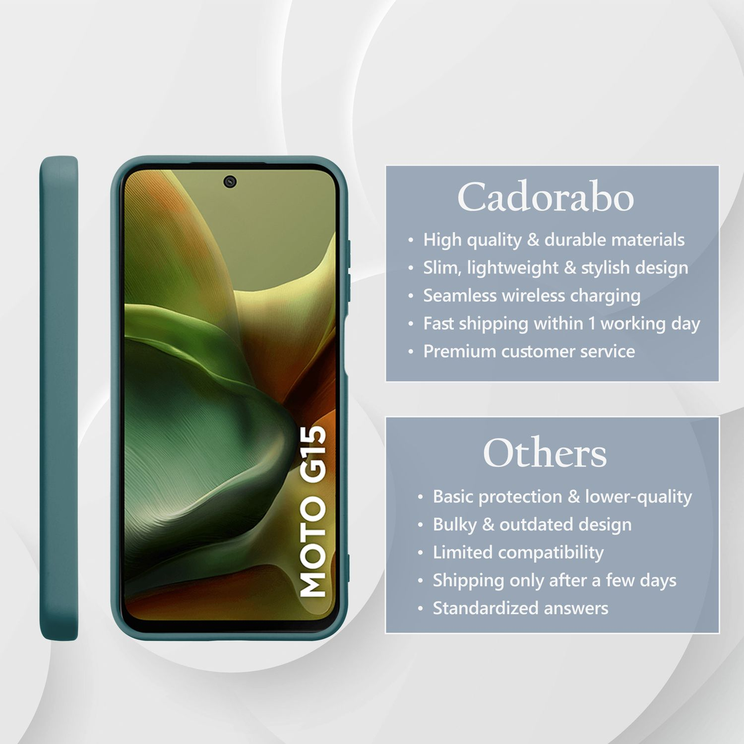 Telefon mit türkisfarbener Hülle und Textboxen, die Cadorabo vs. Others vergleichen.