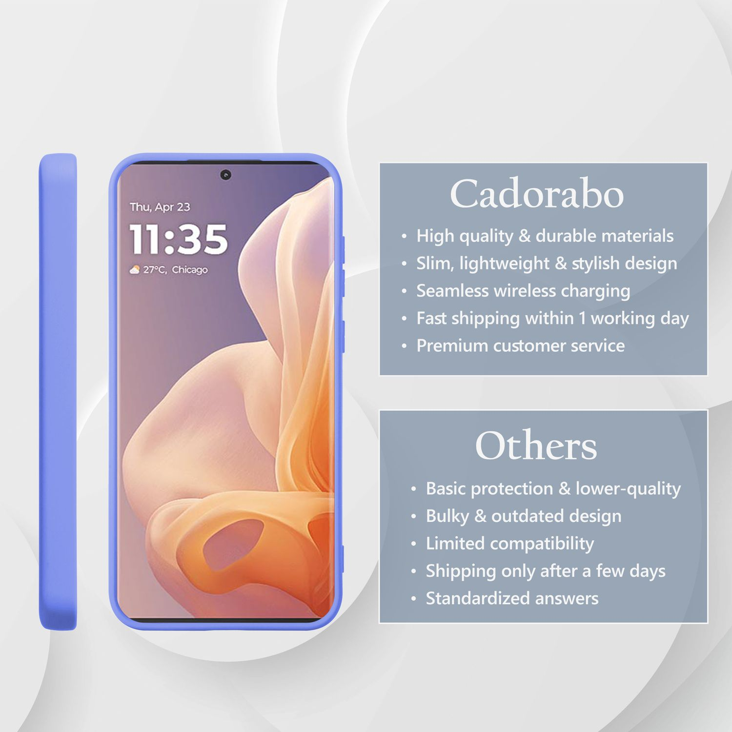 Ein blaues Telefongehäuse und ein Smartphone sind abgebildet, mit „Cadorabo“-Branding und Funktionen auf der rechten Seite.