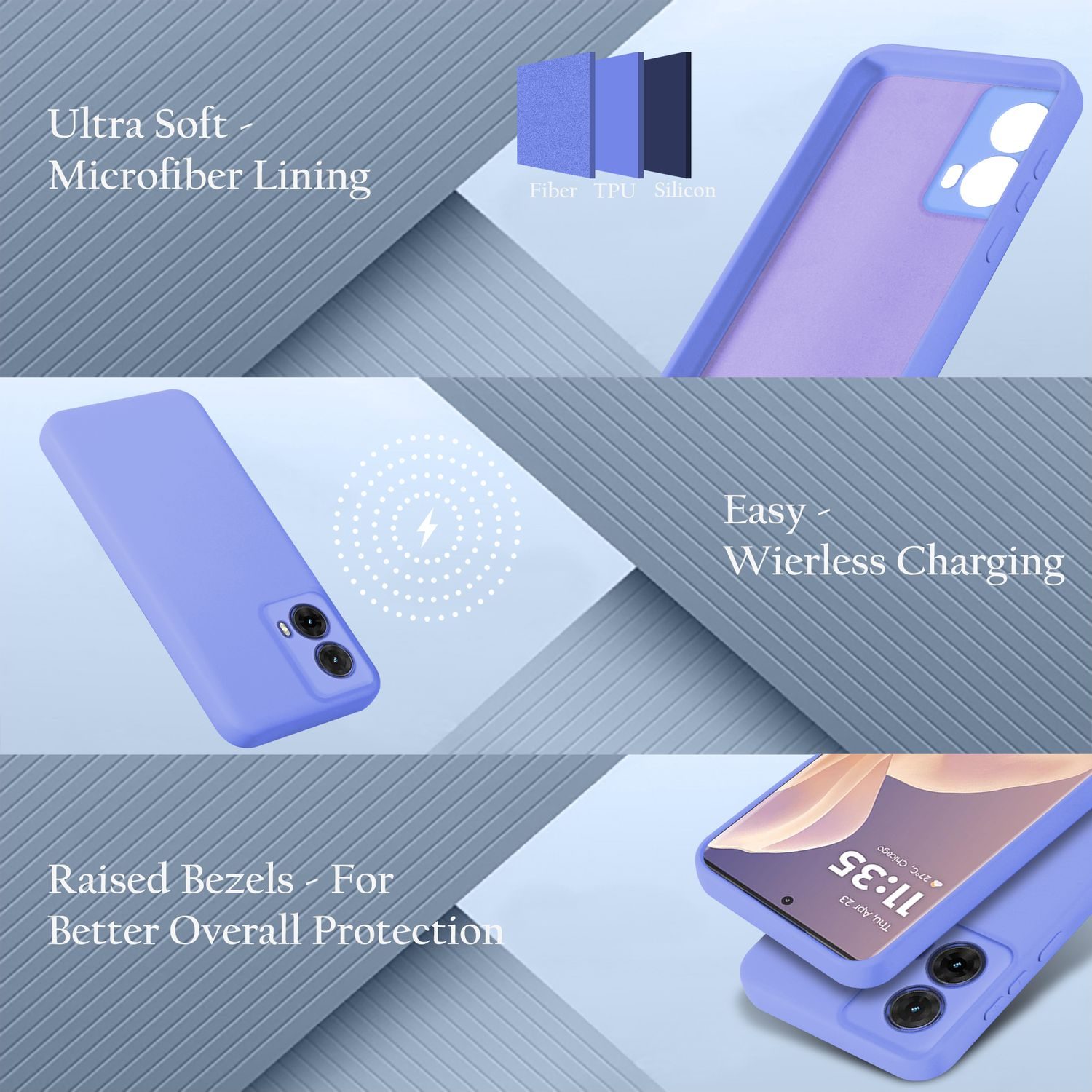 Ein Telefon und seine Hülle in Lila. Zeigt die Schichtung und die Materialzusammensetzung.