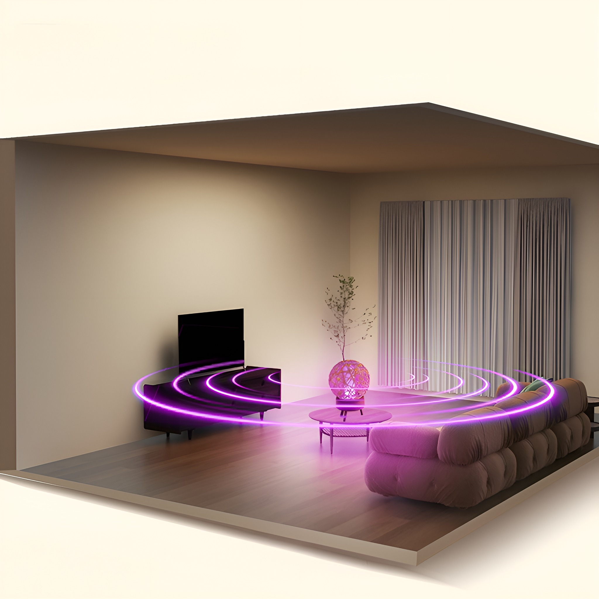 Eine Innenszene eines Wohnzimmers mit Fernseher, Sofa, Tisch und Lichtringen.