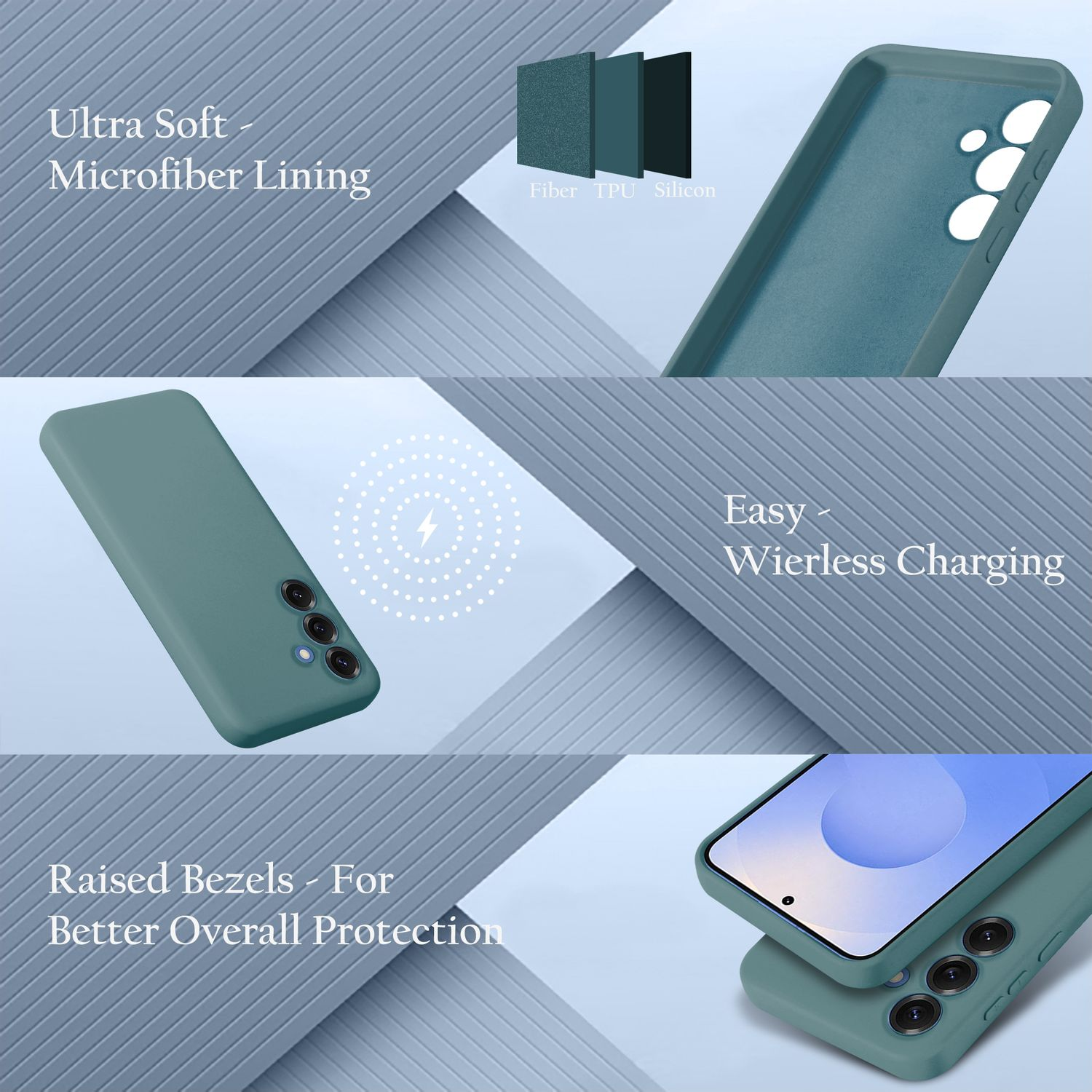 Eine Handyhülle in Teal-Farbe auf strukturiertem Hintergrund, mit beschriebenen Funktionen.