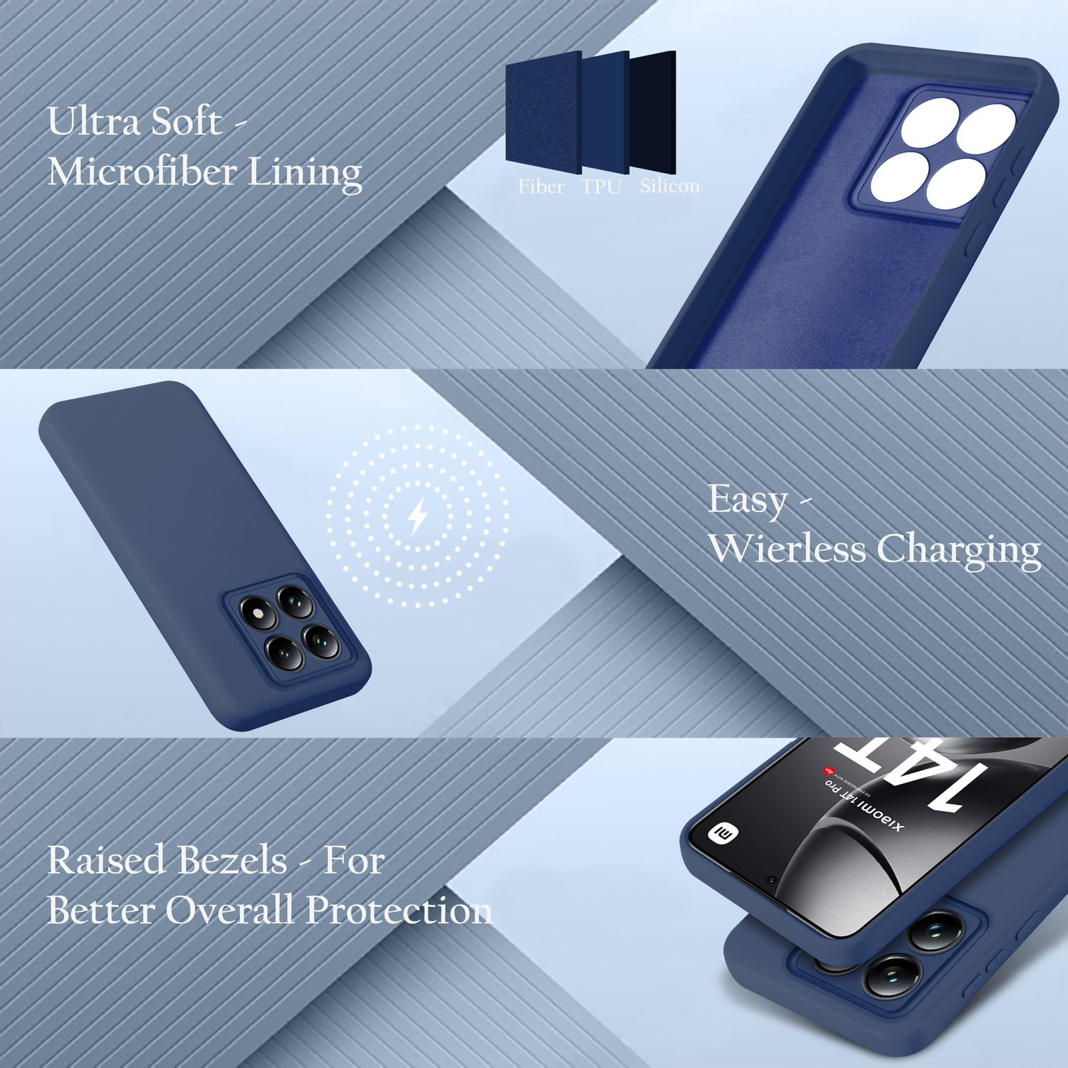 Eine dunkelblaue Handyhülle mit einem Telefon darin. Text: Ultra Soft, Easy Wireless Charging, und Raised Bezels.
