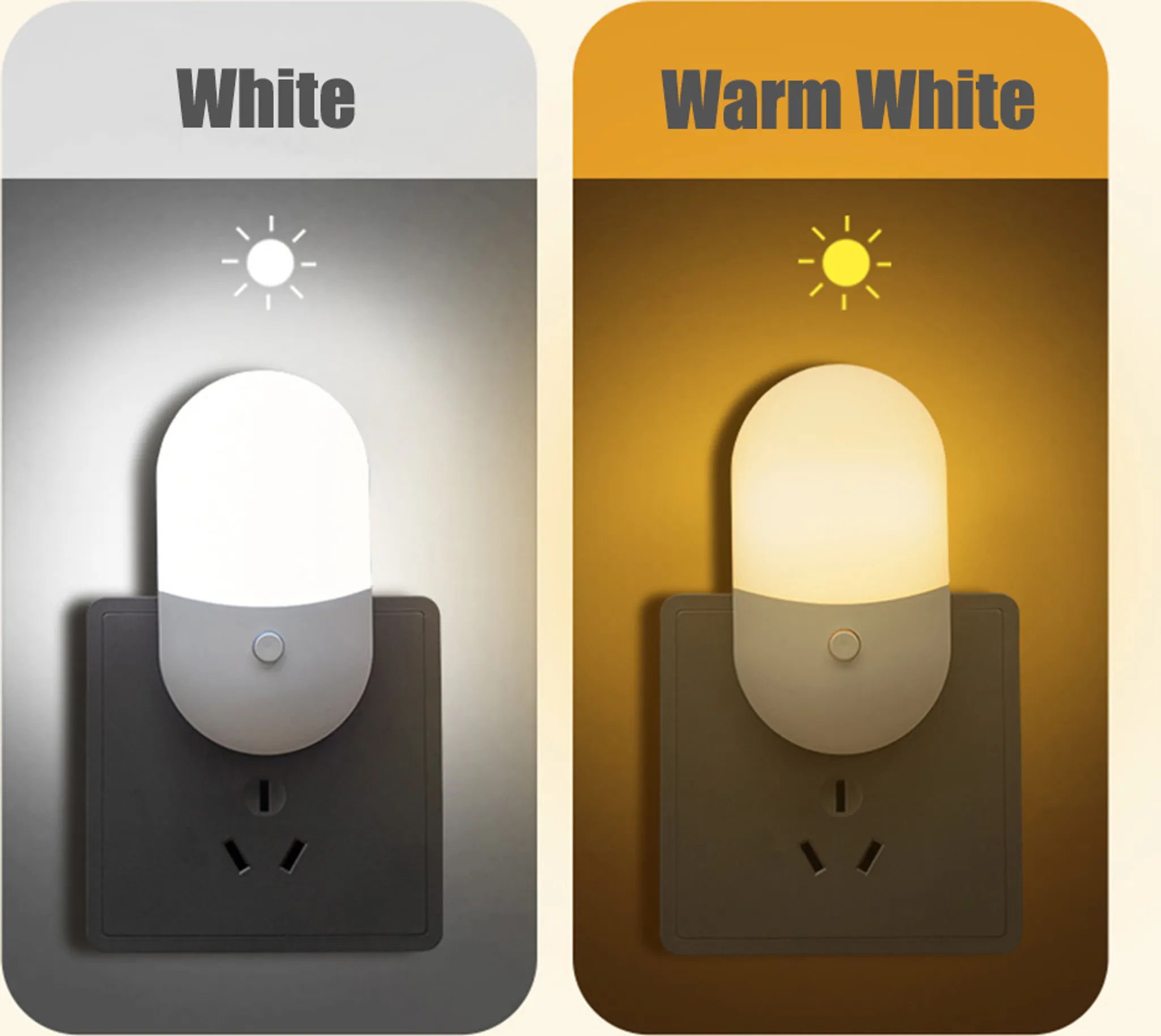 Nachtlicht in Schwarz und Weiß. Es werden weiße und warmweiße Lichtoptionen angezeigt.