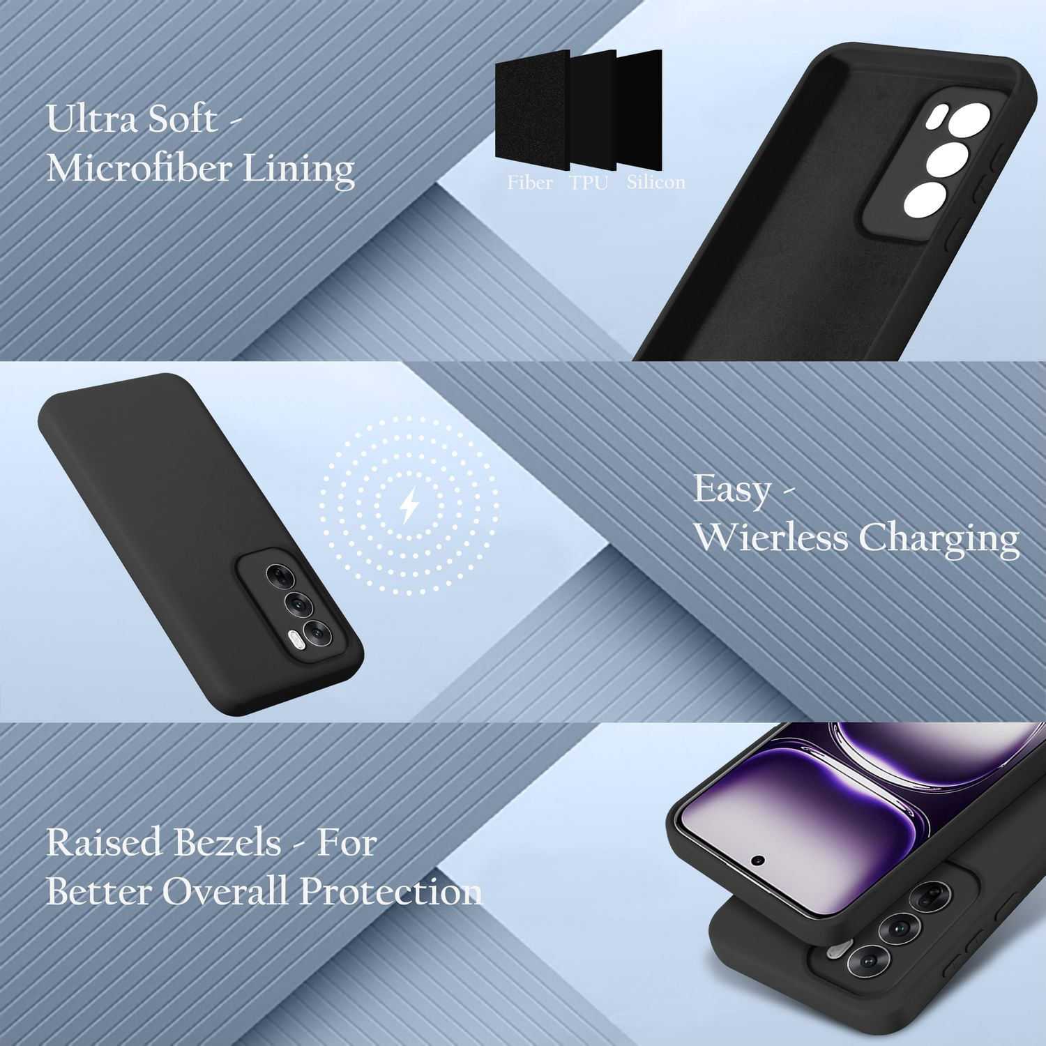 Eine schwarze Handyhülle mit Designdetails: Mikrofaserfutter, Faser-, TPU-, Silikonschichten. Erhöhte Blenden.