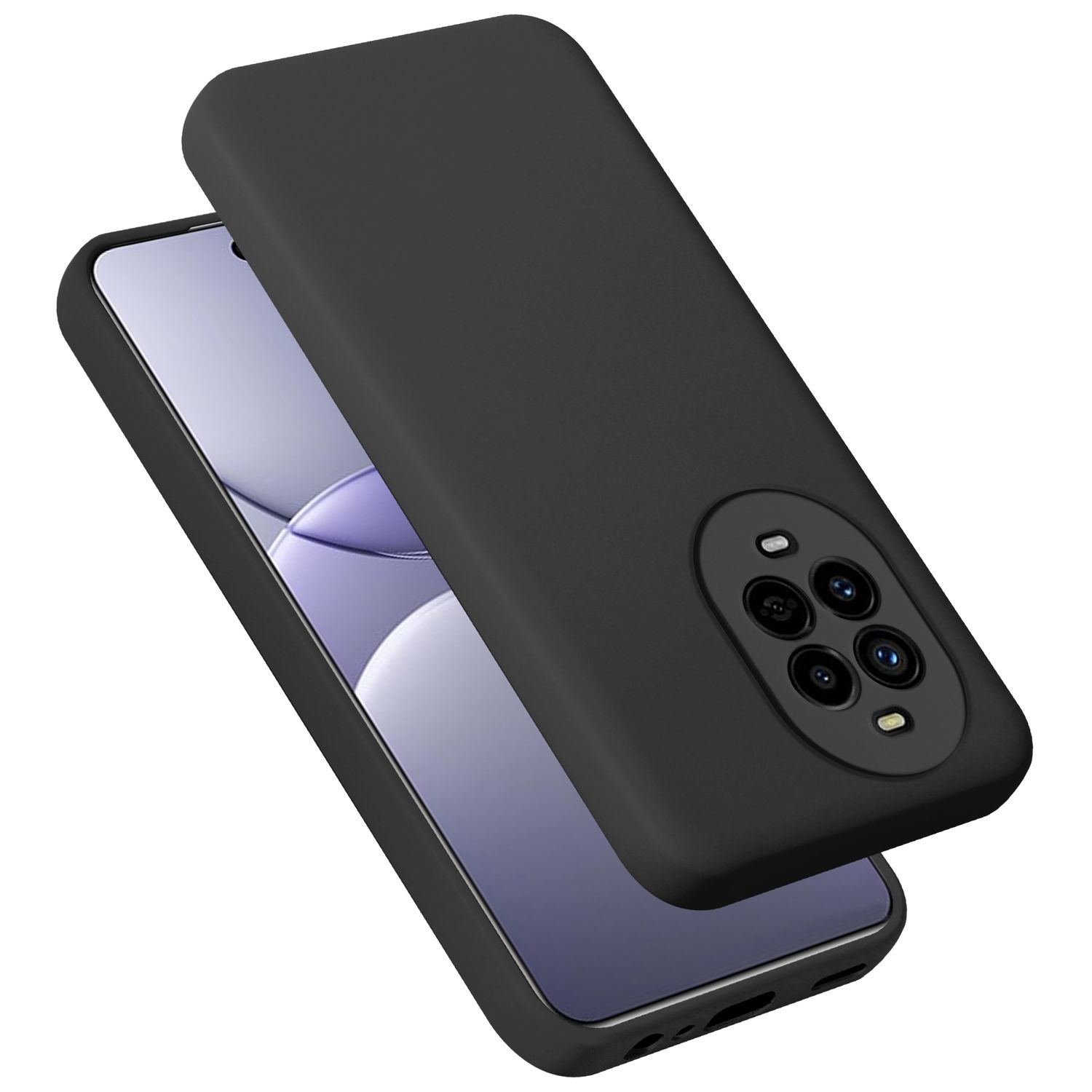 Schwarze Handyhülle über einem Handy mit Bildschirm. Die Hülle hat ein Kameraloch.