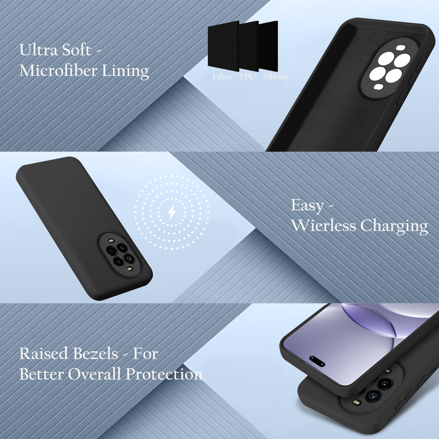 Schwarze Handyhülle mit Illustrationen. Der Text beinhaltet 'Ultra Soft', 'Easy Wireless Charging' und 'Better Protection'.