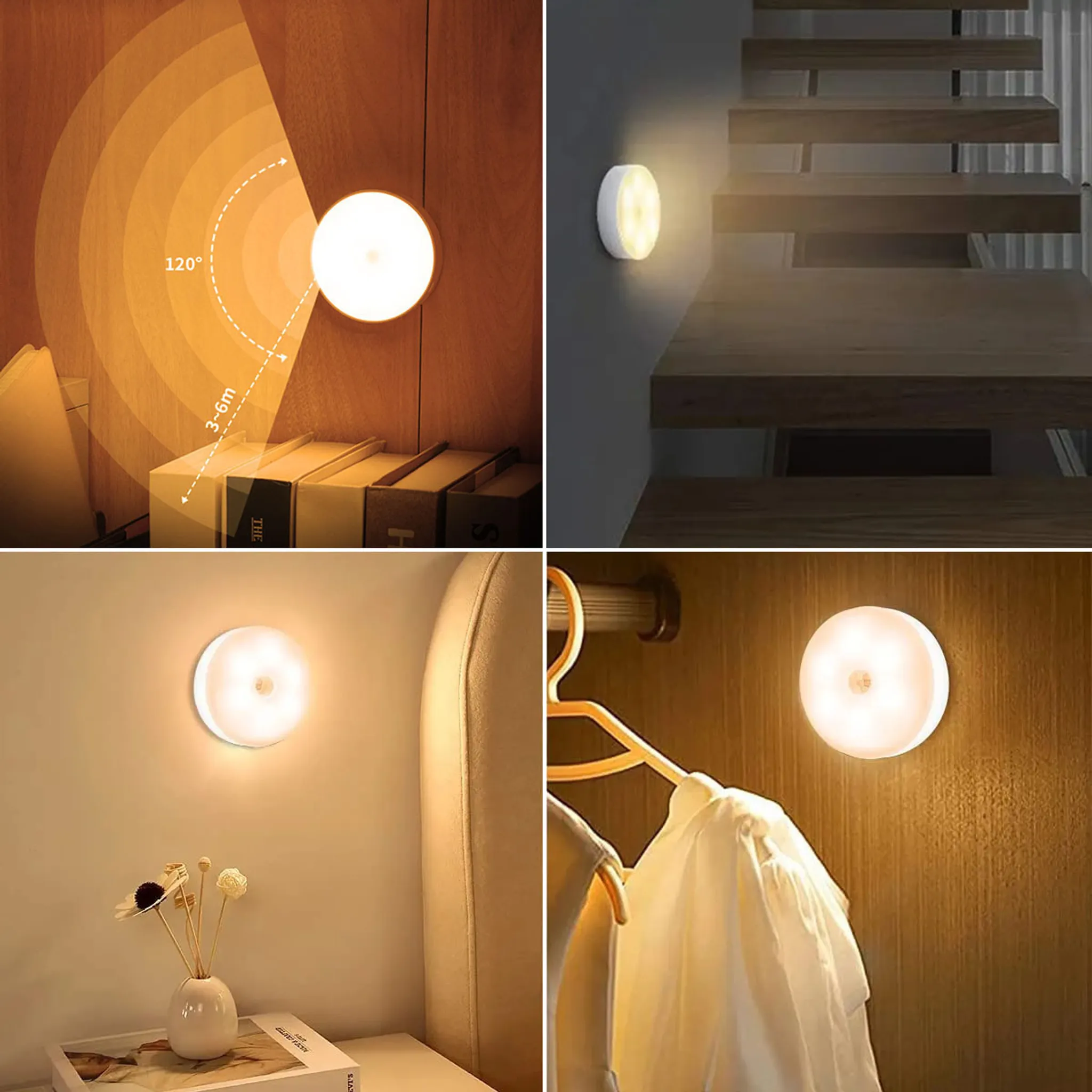 Vier Bilder zeigen ein intelligentes Licht an Wand, Treppe, Wand und in einem Schrank.