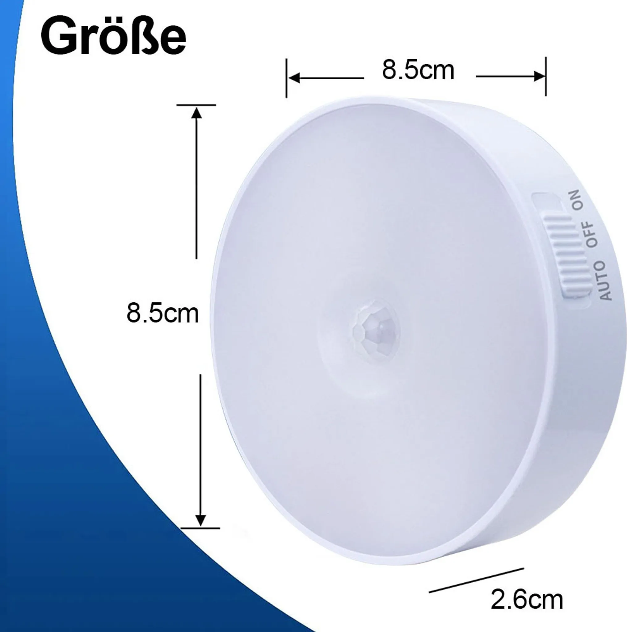 Ein weißes, kreisförmiges Nachtlicht mit einem Lichtsensor und Abmessungen in Zentimetern.