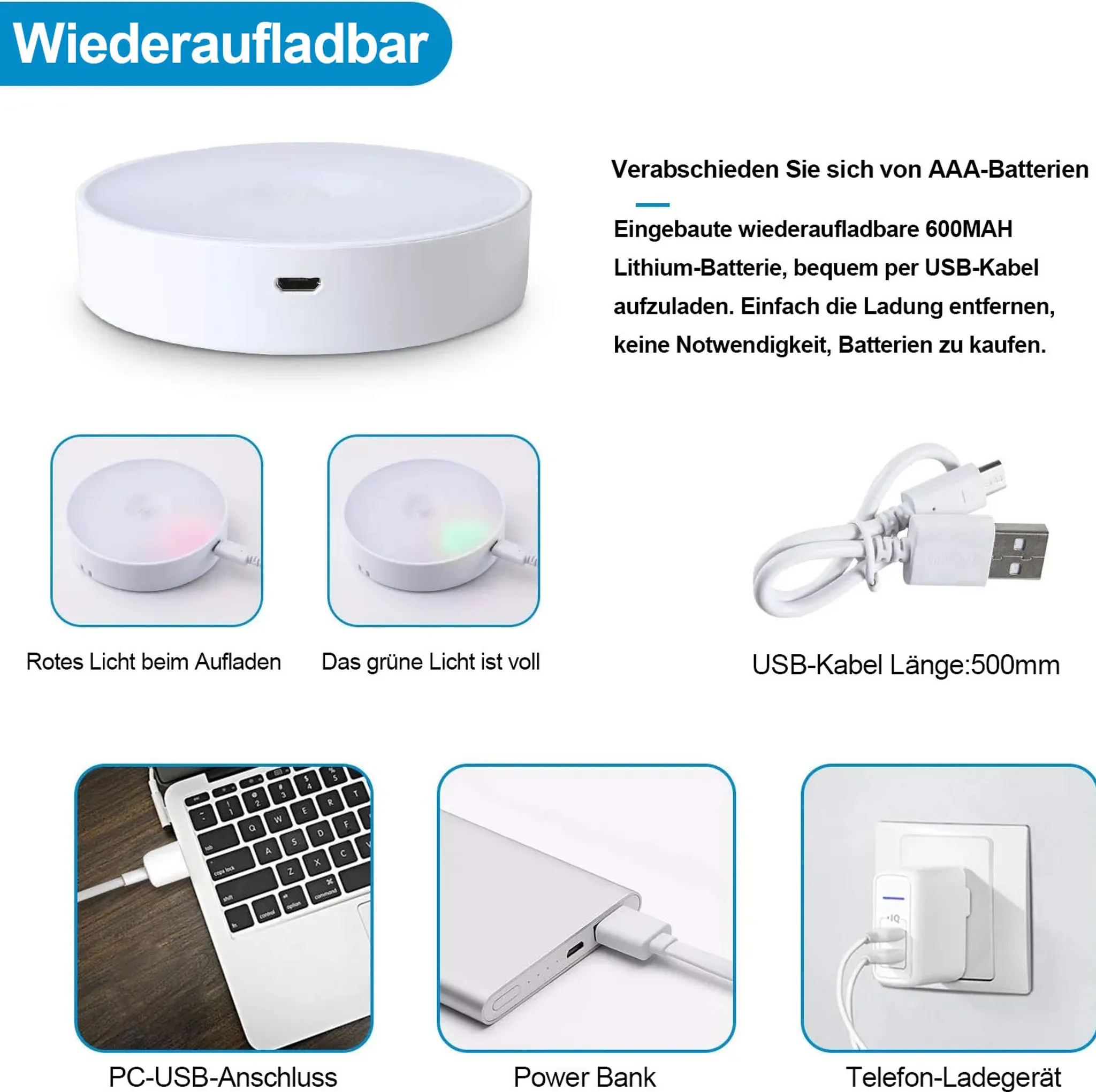 Ein weißes, wiederaufladbares Gerät mit USB-Anschluss und Text über Funktionen und Aufladen.