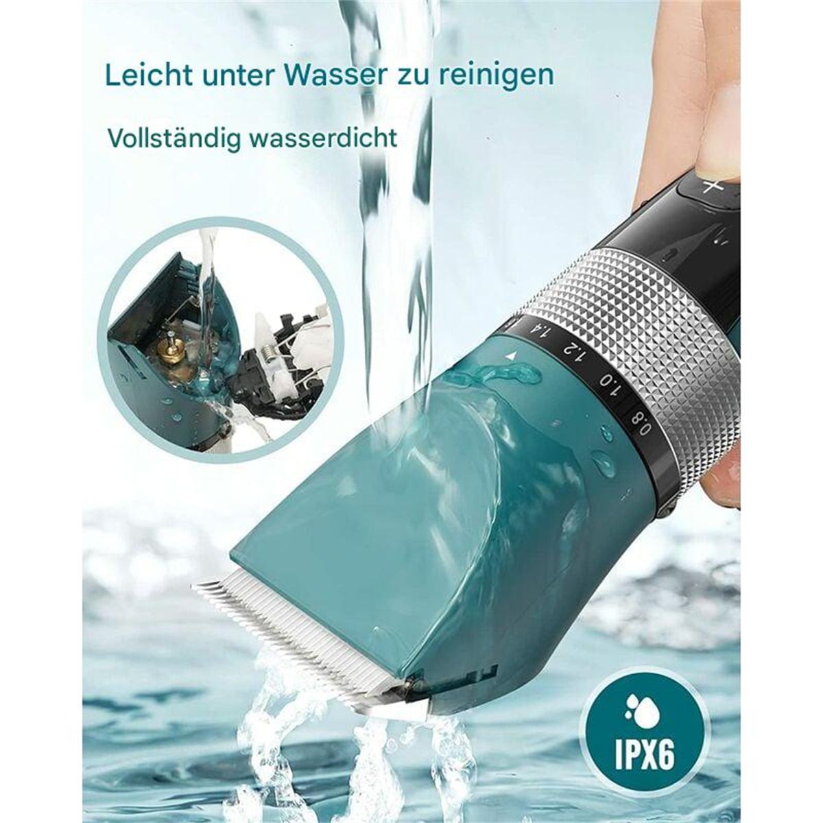Haarschneider unter Wasser. Wasser fließt über die Klingen und den Körper.