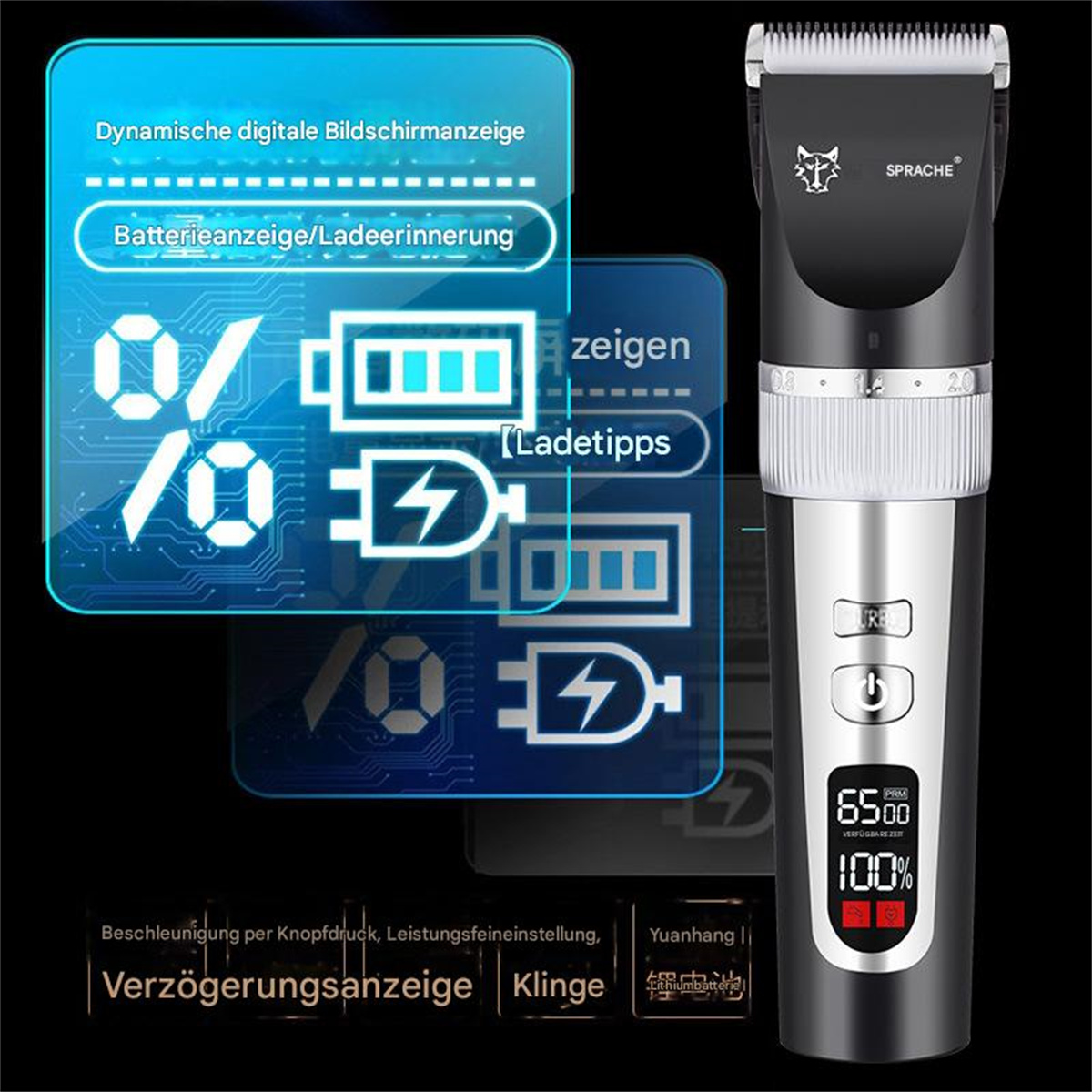 Schwarz-silberner Haarschneider mit digitaler Anzeige, die Batterie- und Ladeanzeigen zeigt.