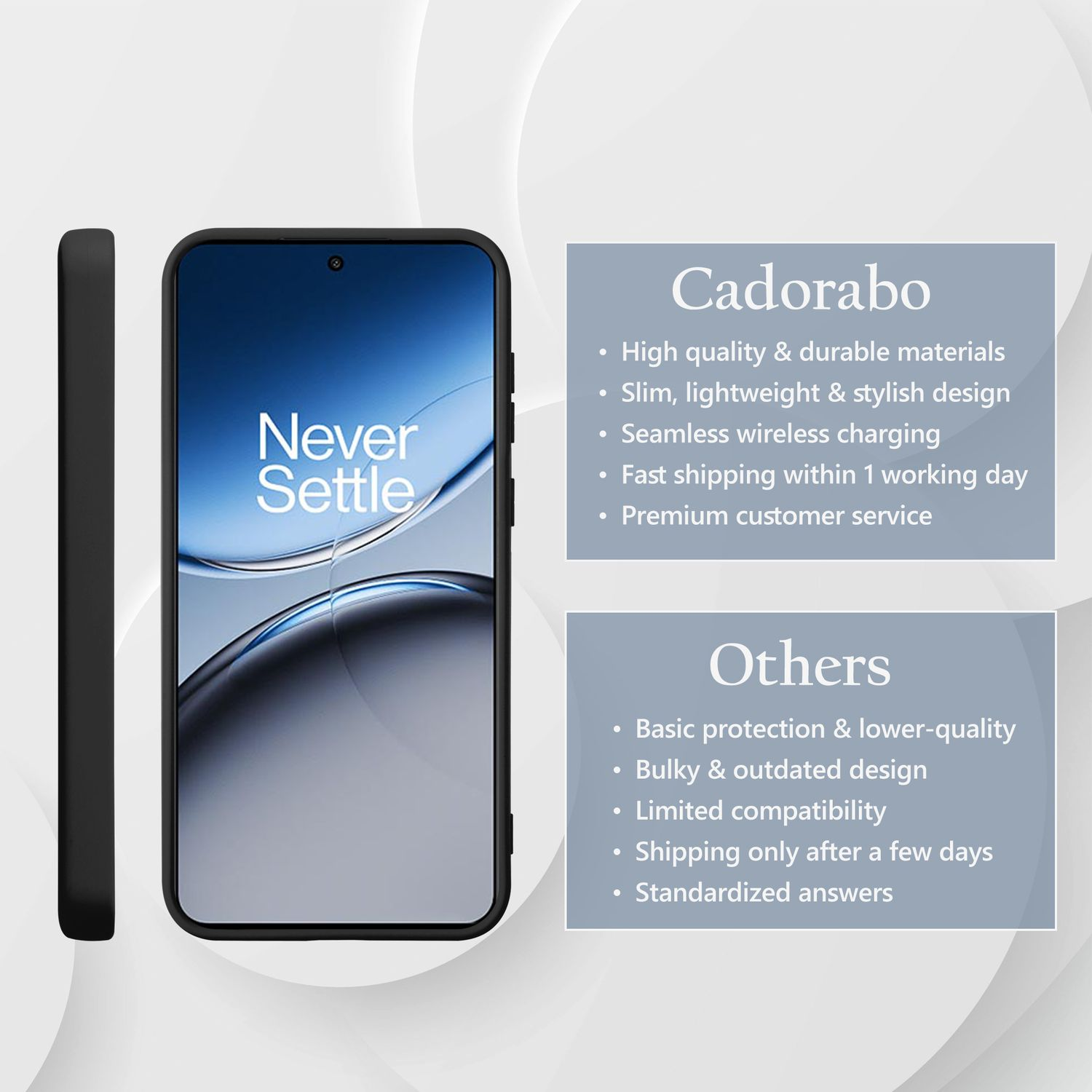 Schwarzes Telefon mit schwarzer Hülle und Text, der Produktmerkmale auflistet. Seitenansicht.