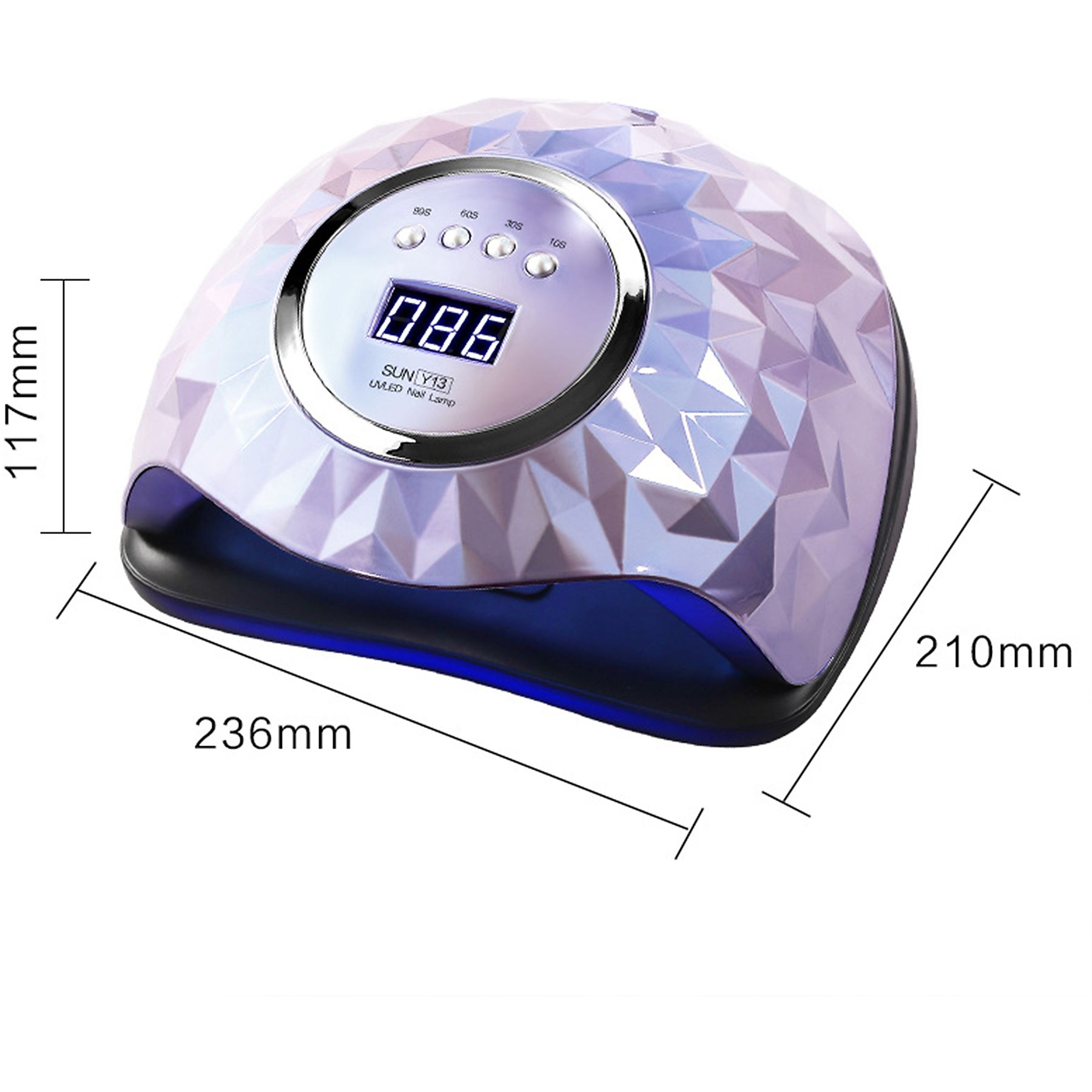 Eine weiße und violette UV-Nagellampe mit Abmessungen. Eine Digitalanzeige zeigt die Zeit an.