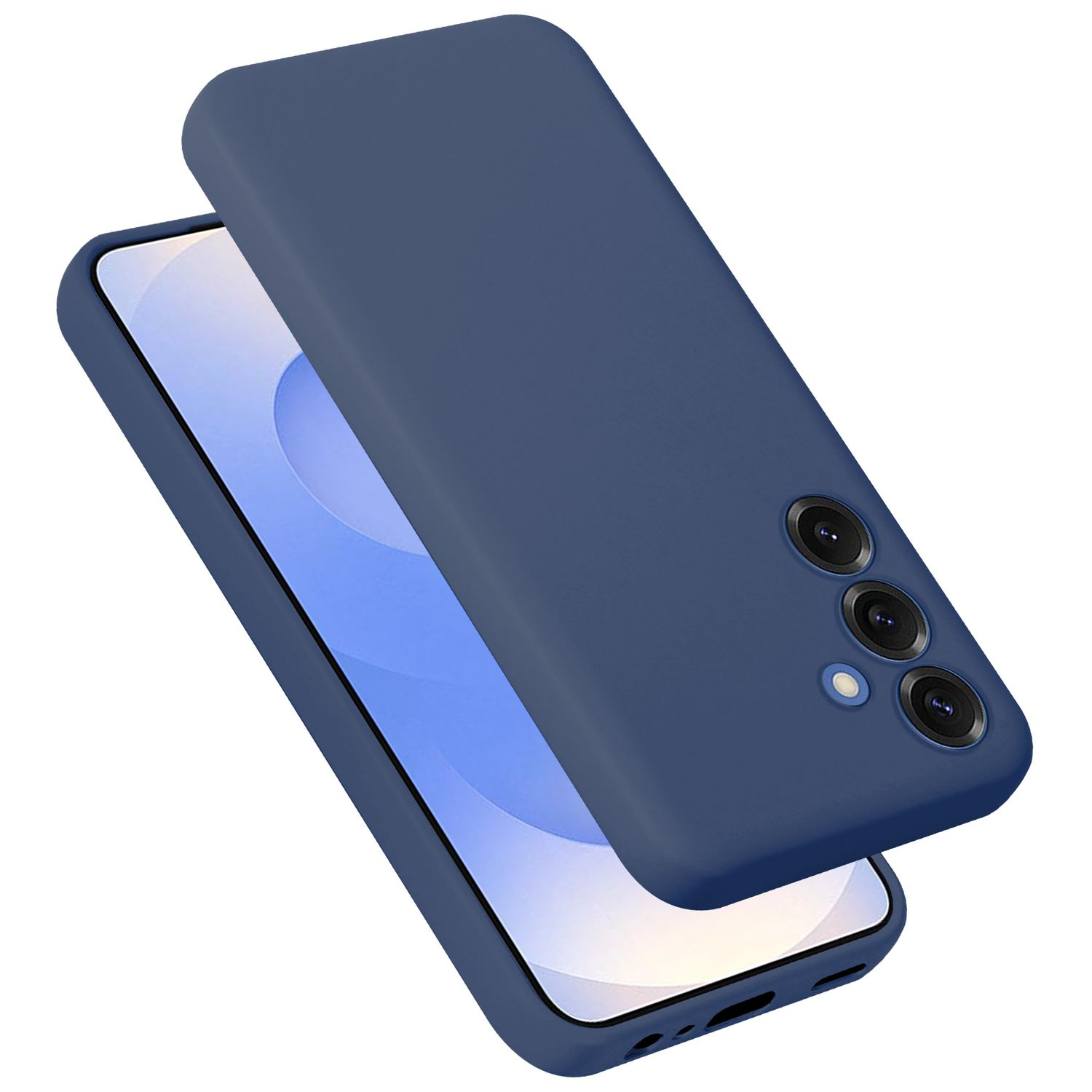 Eine blaue Handyhülle mit einem Telefon darin. Die Hülle ist weich und glatt.