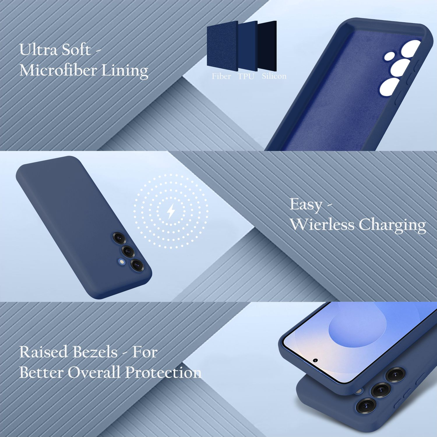 Blaue Handyhülle und Telefon mit Text über ultraweiches Mikrofaserfutter. Weißer Hintergrund.