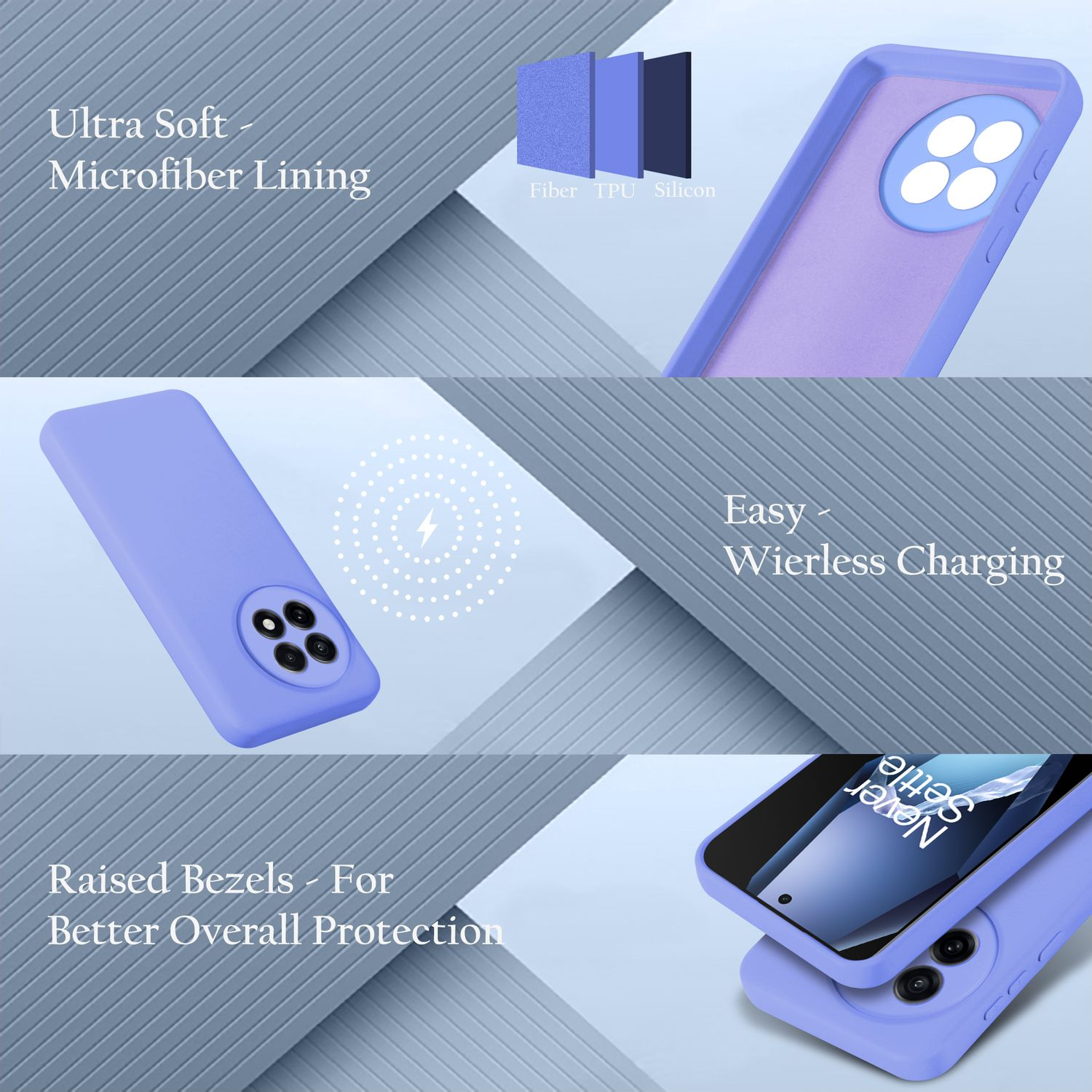 Lila Handyhülle mit blauem Telefon. Merkmale: Ultraweich, kabelloses Laden, erhöhte Blenden.