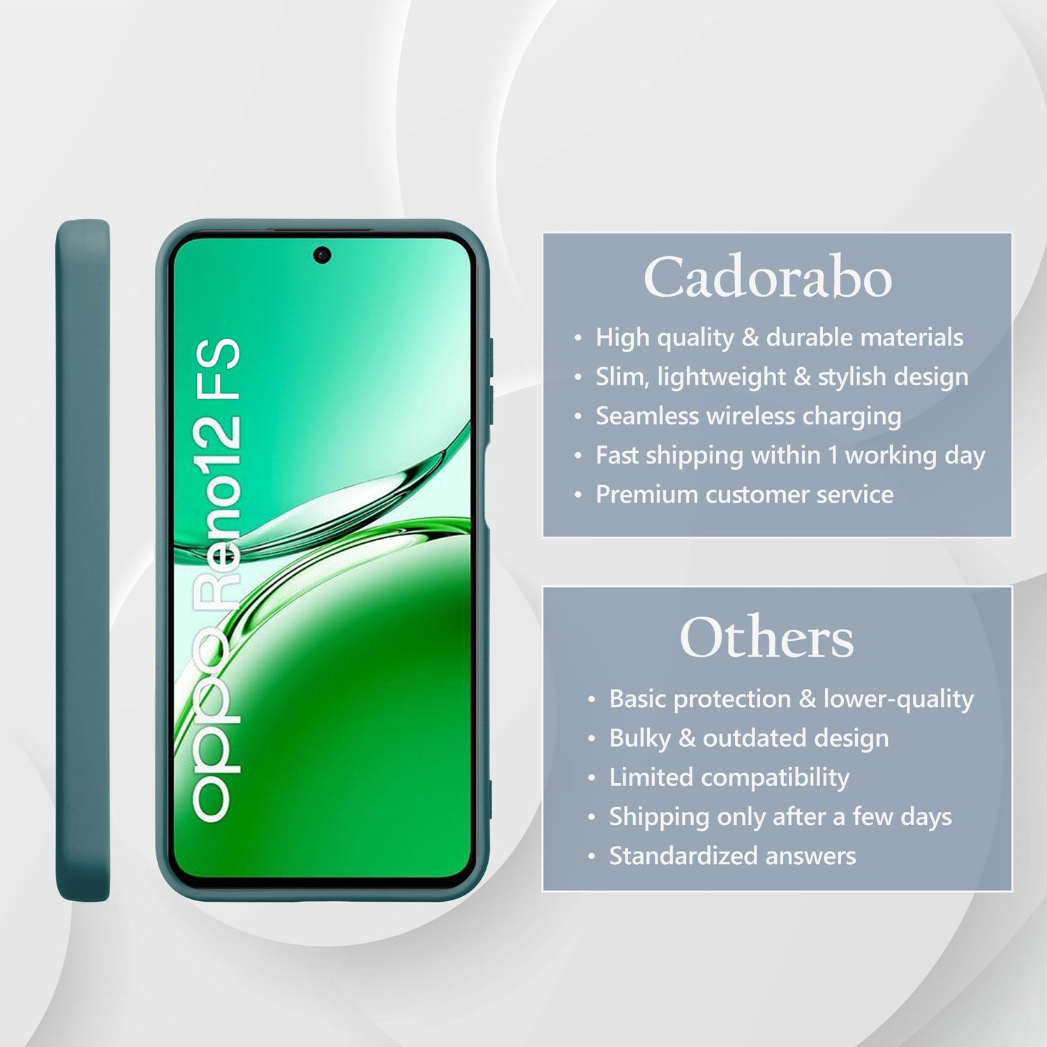 Grüne Handyhülle mit Telefon. Text rechts. Weißer Hintergrund.