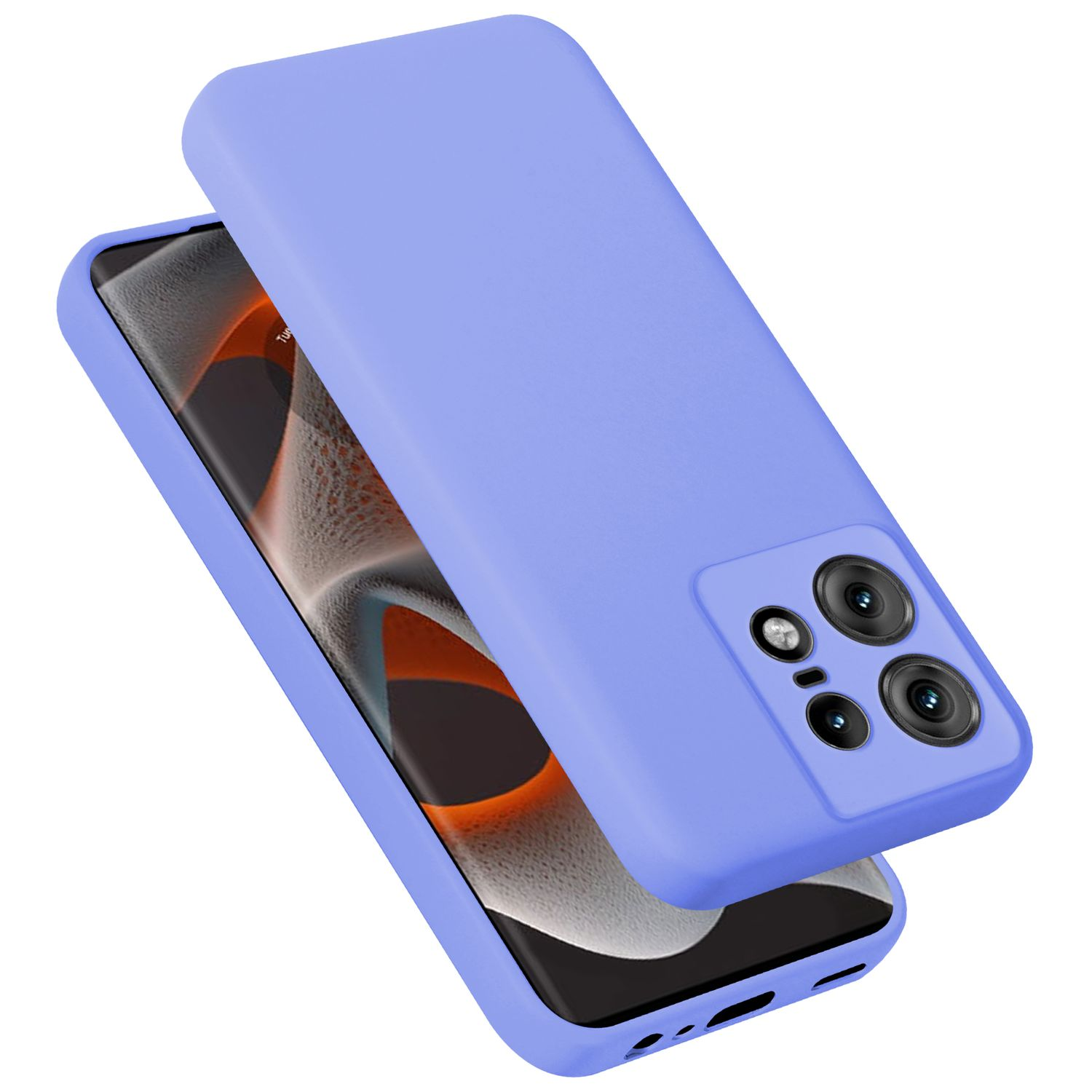 Hellviolette Handyhülle auf einem Telefon. Das Telefon ist schwarz mit Bildschirm, die Hülle hat drei Kameras.
