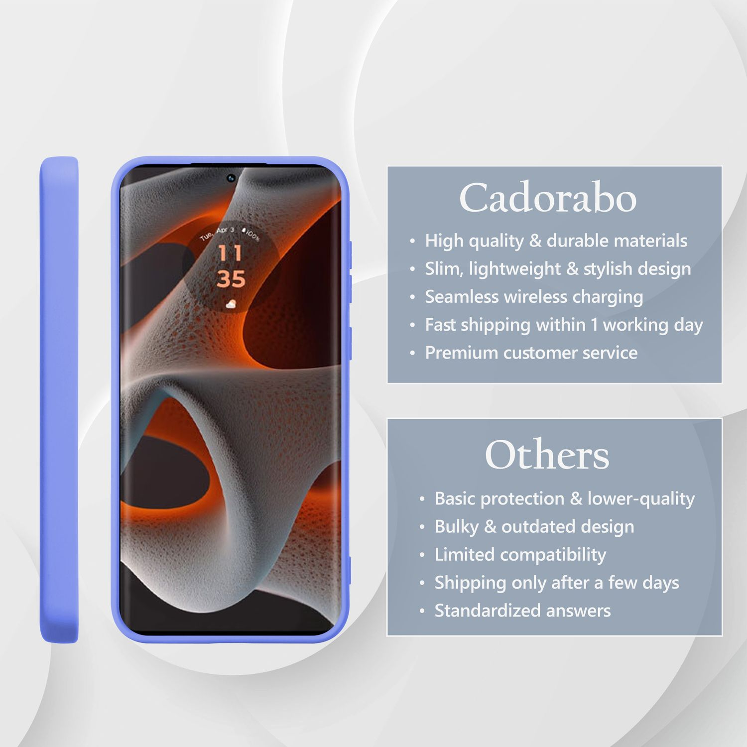 Handyhülle mit Telefon. Das Telefon zeigt Zeit und Datum. Cadorabo wird erwähnt.