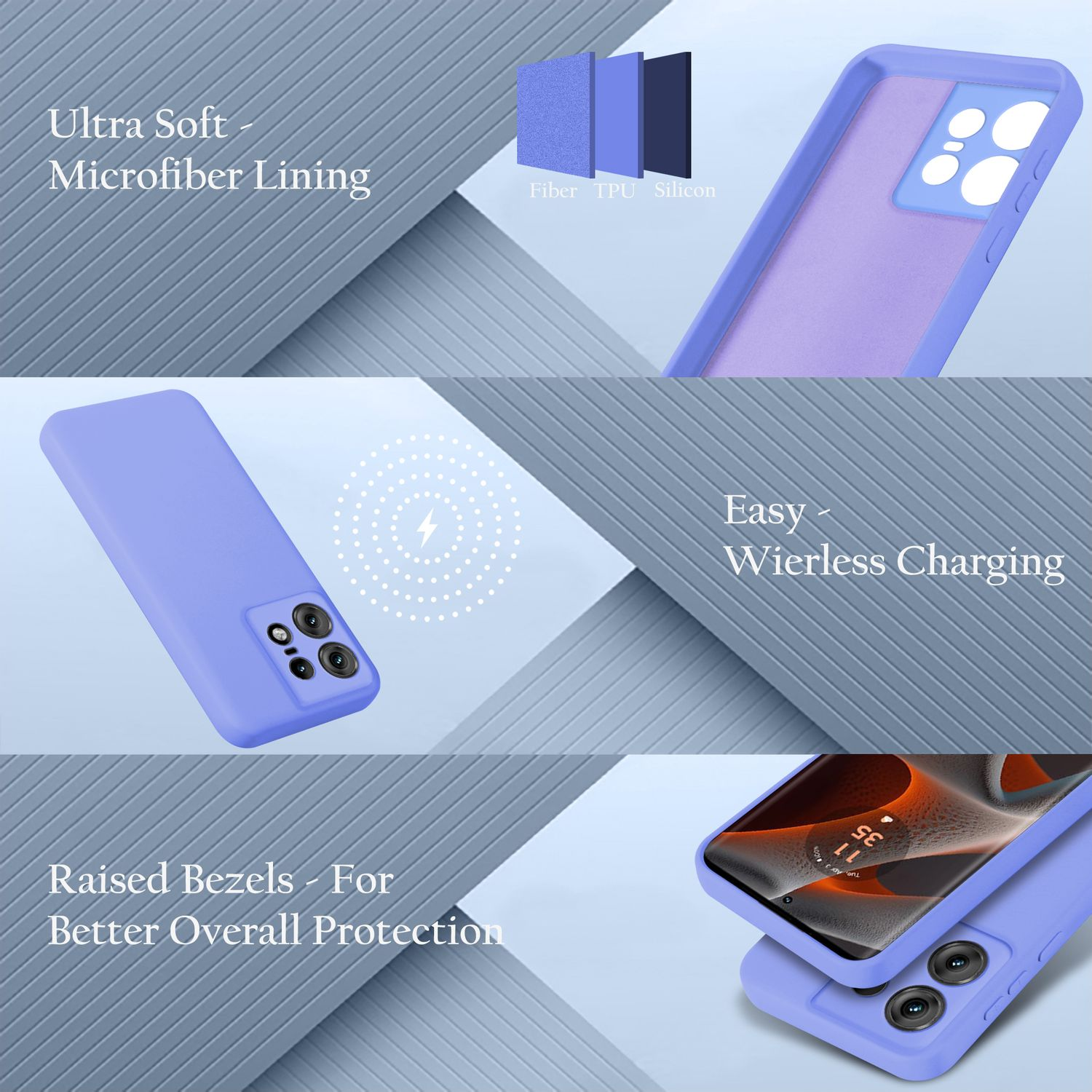 Blaue Handyhülle mit Lavendel-Innenausstattung und transparenten Schichten. Text: Ultraweich, Mikrofaserfutter.