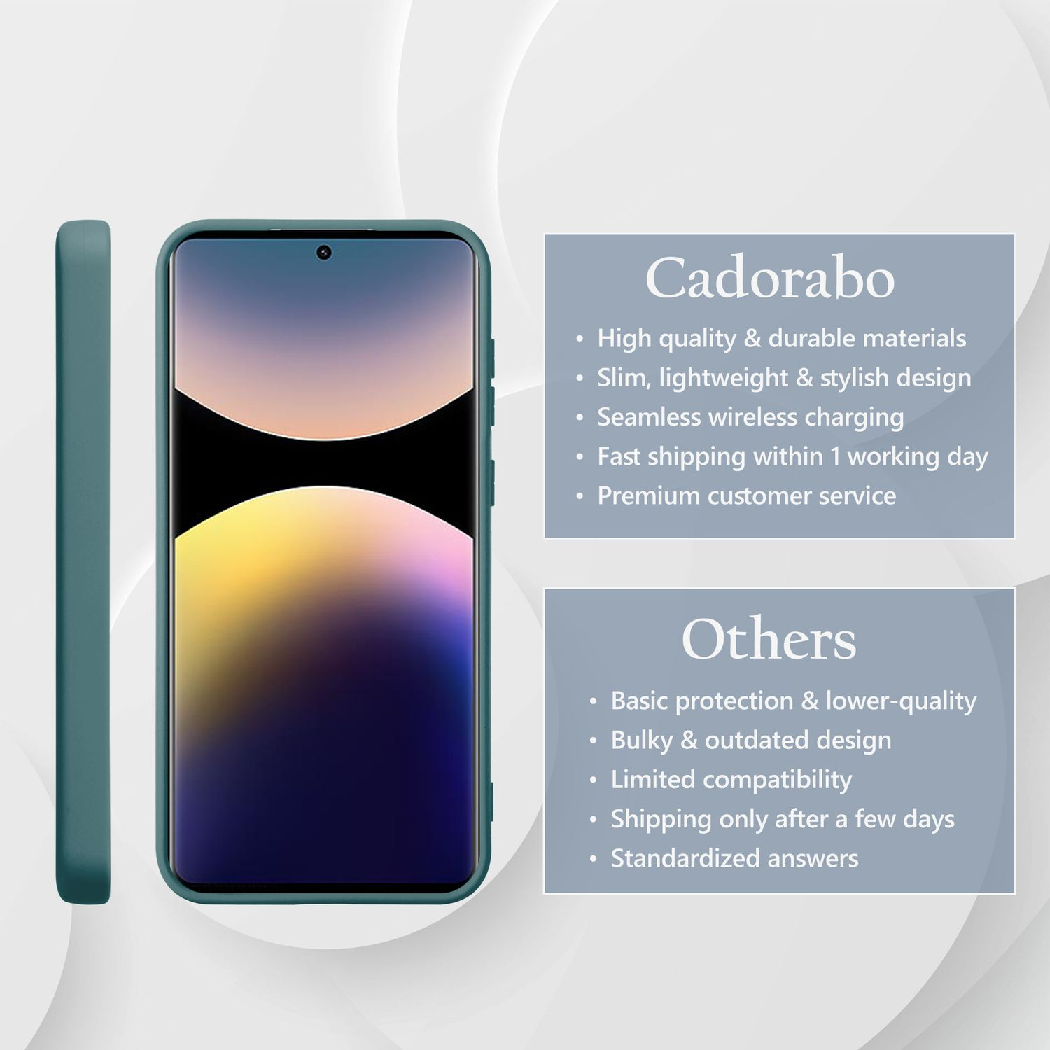 Telefon mit Hülle und ein Vergleich von zwei Produktmarken. Cadorabo und Andere sind die Marken im Bild.