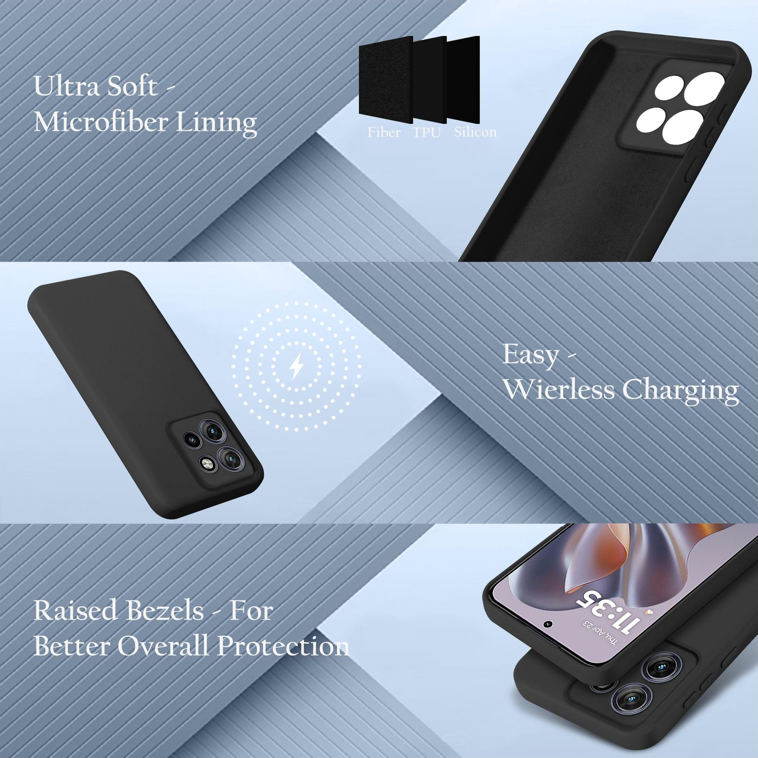 Schwarze Handyhülle mit beschriebenen Merkmalen. Der Hintergrund zeigt Schichten und Telefon.