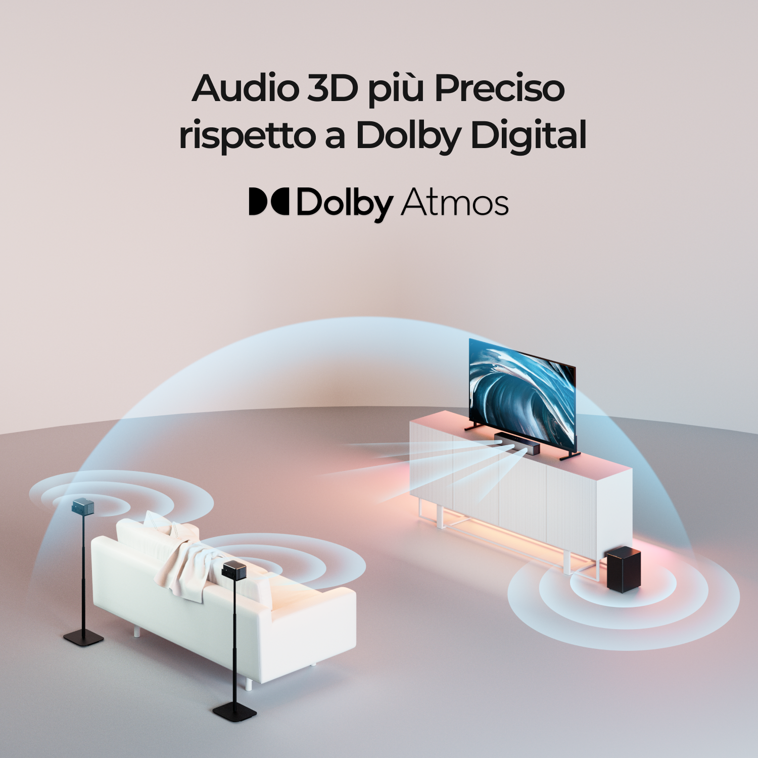 Annuncio Dolby Atmos con TV, altoparlanti e divano. Illustrazioni di onde sonore blu e arancioni sullo sfondo.