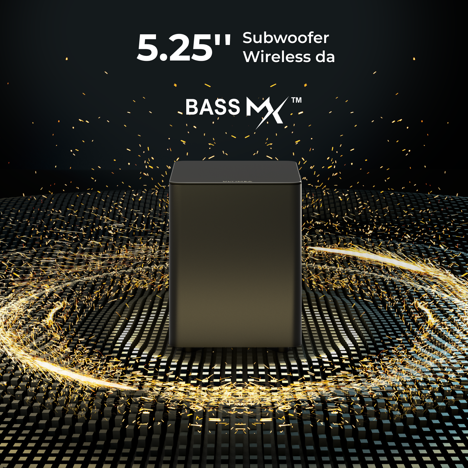 Un subwoofer nero con logo Bass MX e dettagli di sfondo scintillanti.
