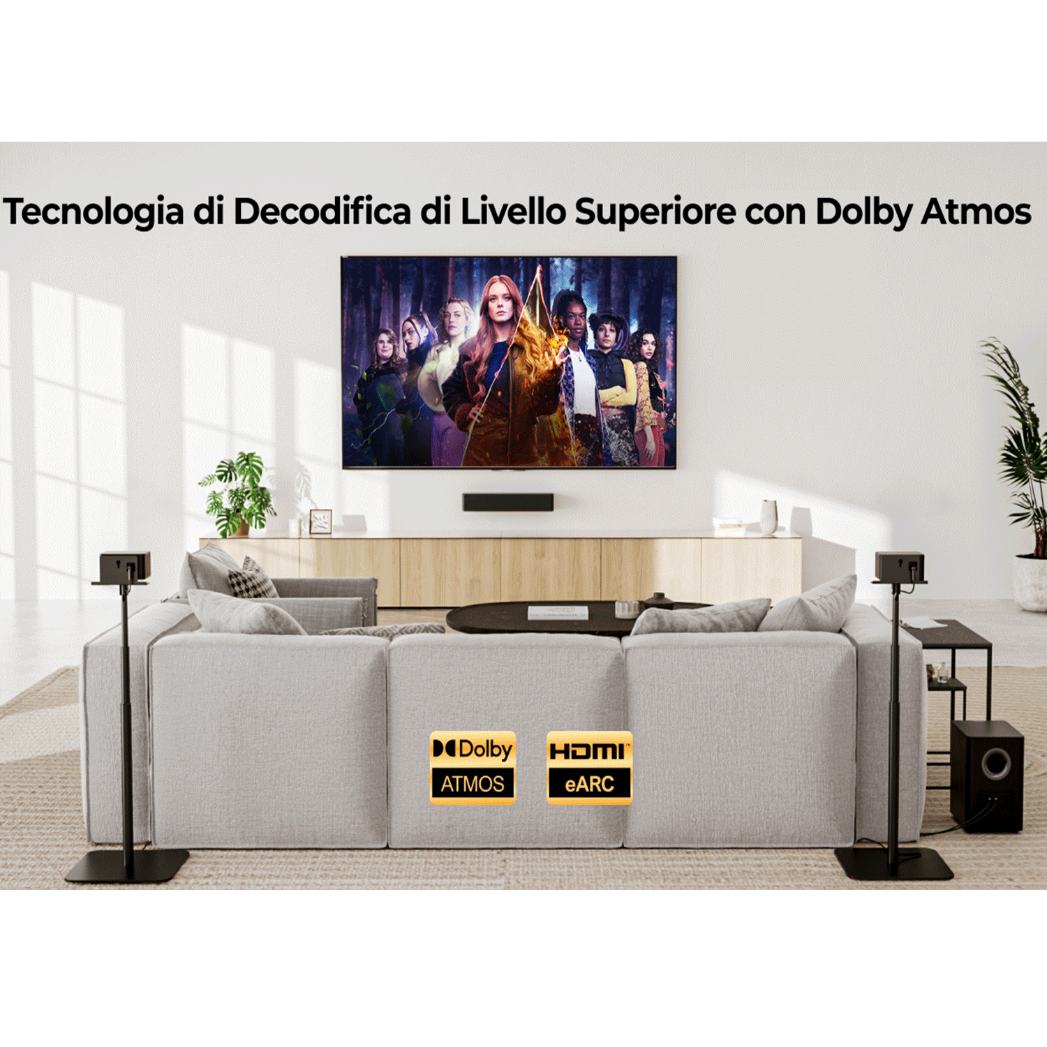 Soggiorno con TV e impianto audio. Il testo dice 'Tecnologia di decodifica superiore'.