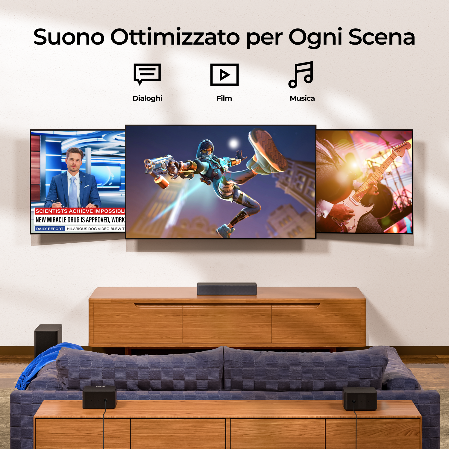 Un proiettore nero con una luce intensa. Il testo dice: Guarda ciò che ami, 1.000+ app.