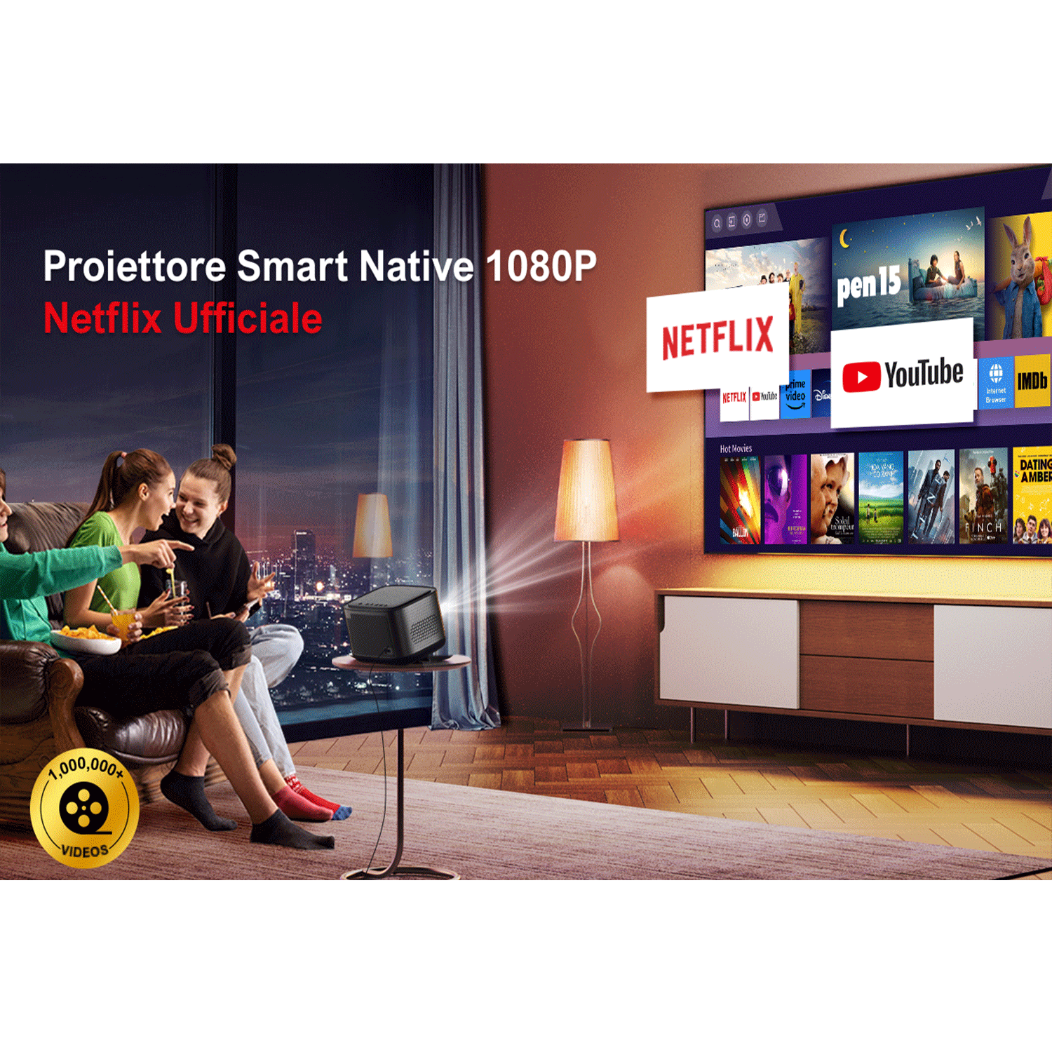 Persone che guardano un film proiettato su uno schermo con Netflix, YouTube e altre app.