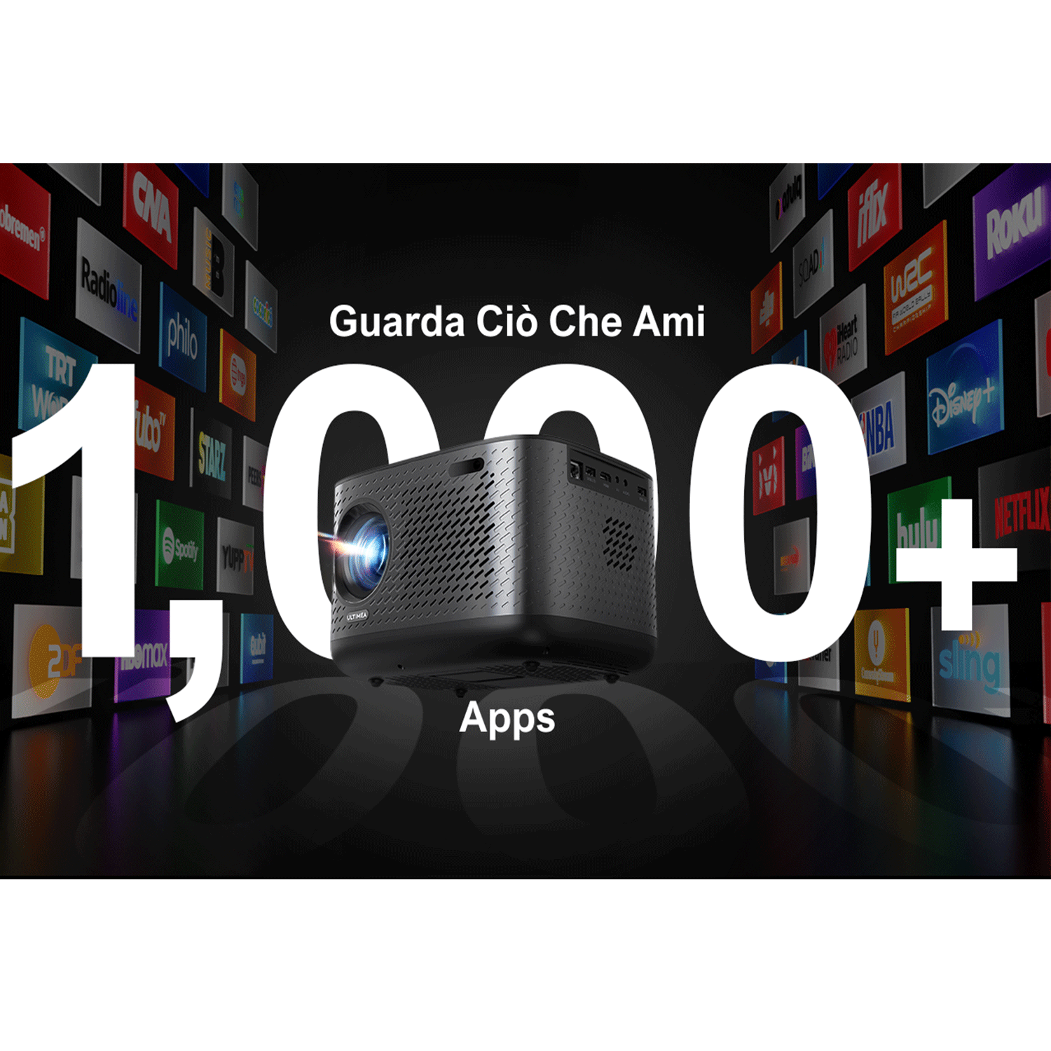 Una persona seduta di fronte a un grande schermo che mostra un'onda. Testo: SurroundX, Livello Surround regolabile.