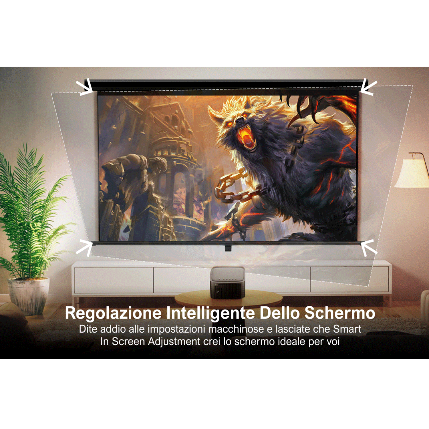 Schermo del proiettore in un soggiorno, con un'immagine fantasy visualizzata.