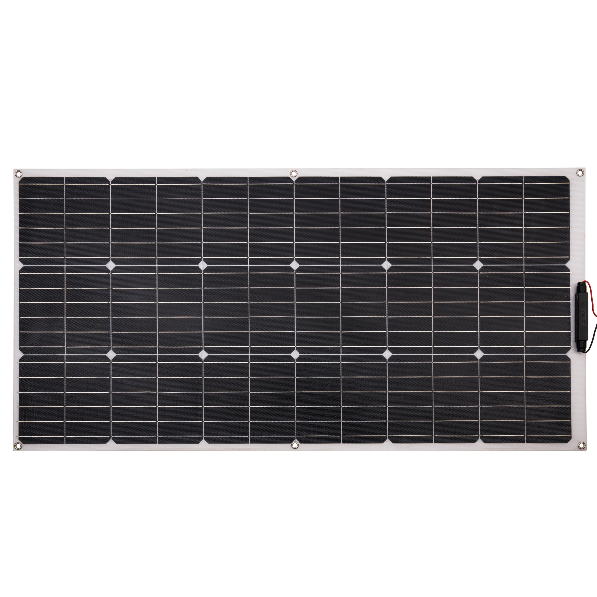 Panel słoneczny z czarną powierzchnią i białą obwódką na czarnym tle.