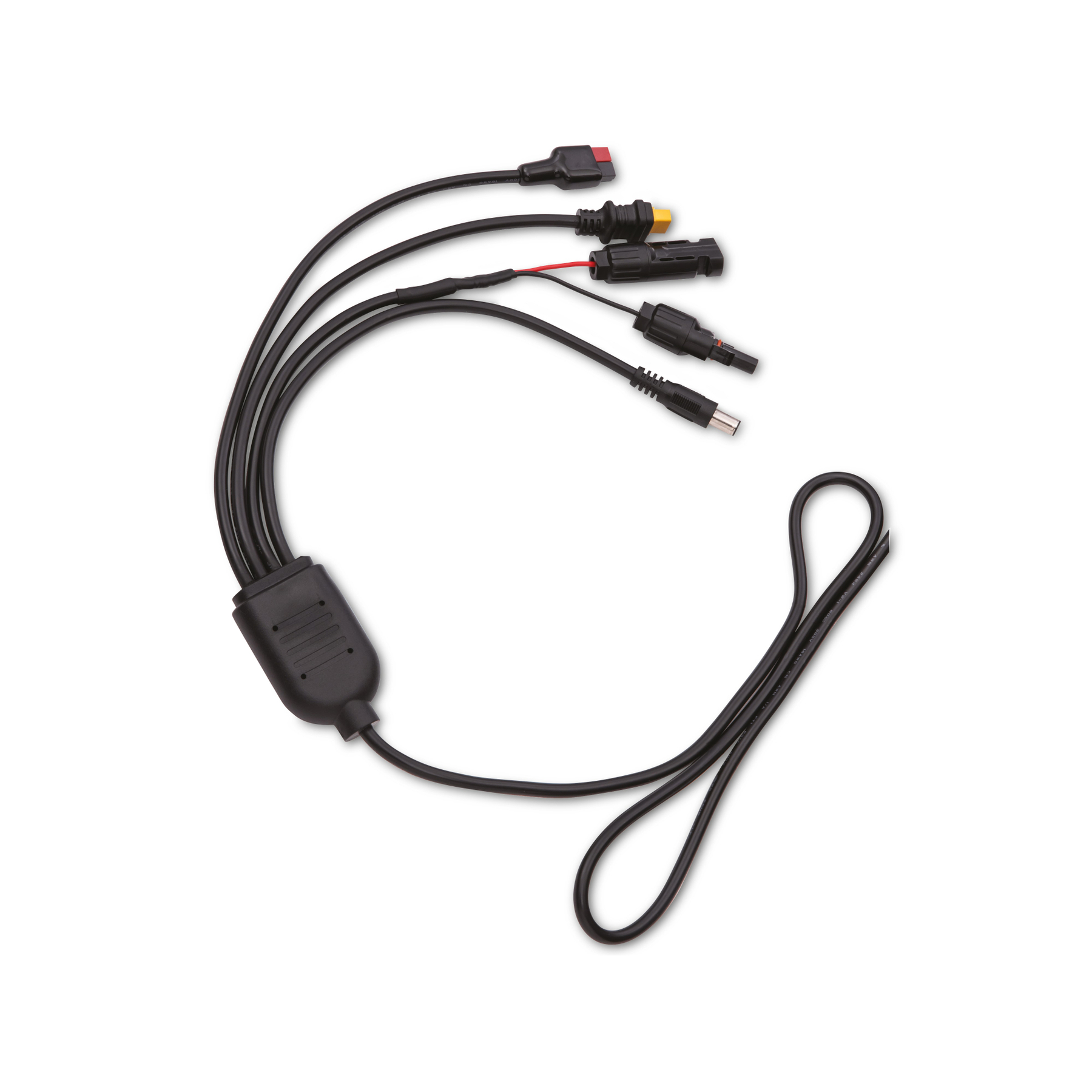 Czarny kabel z wieloma złączami rozchodzącymi się z czarnego huba, na białym tle.