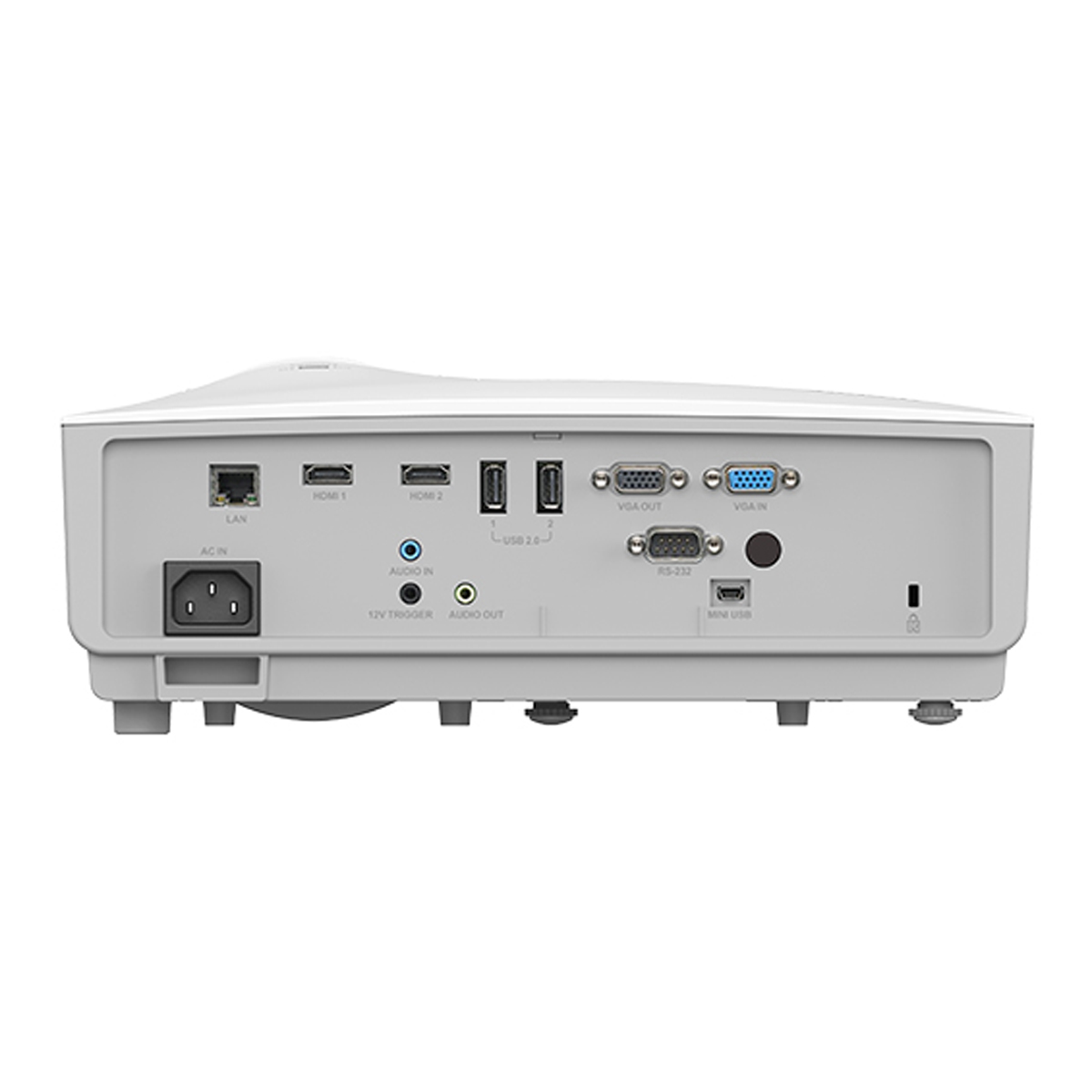 Retro di un proiettore con più porte. Include LAN, HDMI, USB e uscita audio.