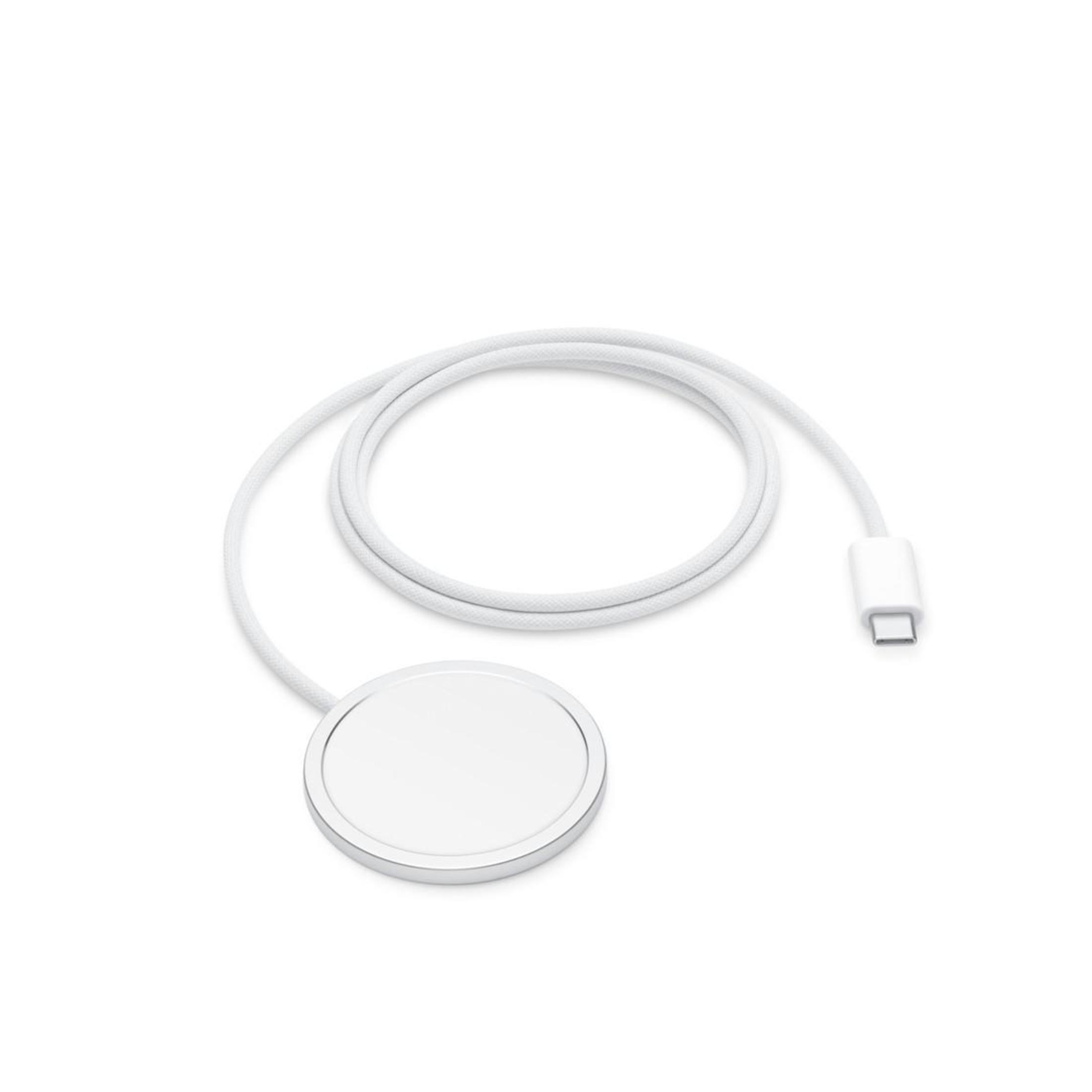 Chargeur rond blanc avec bord argenté et câble blanc.