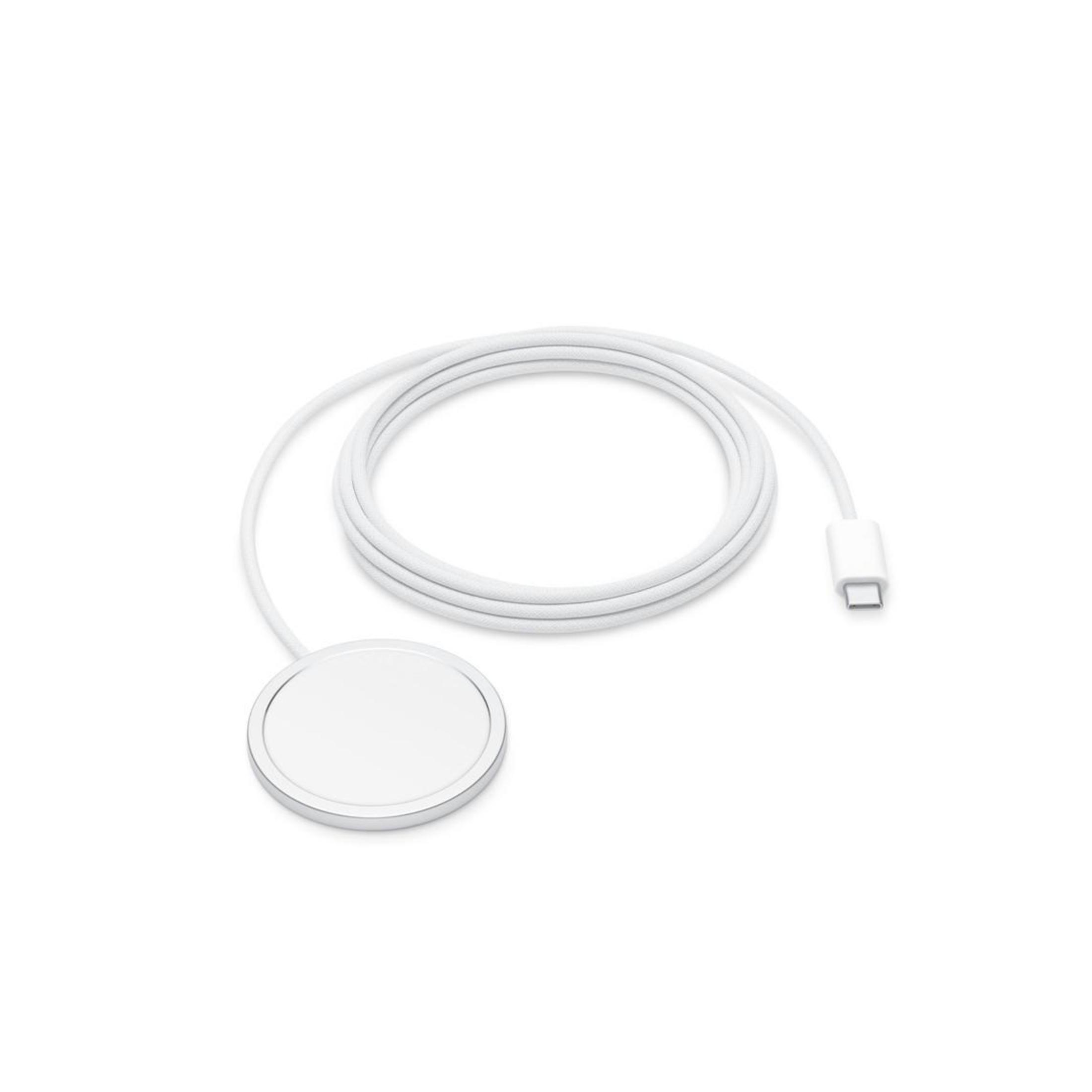 Chargeur rond blanc avec bord argenté et câble blanc.