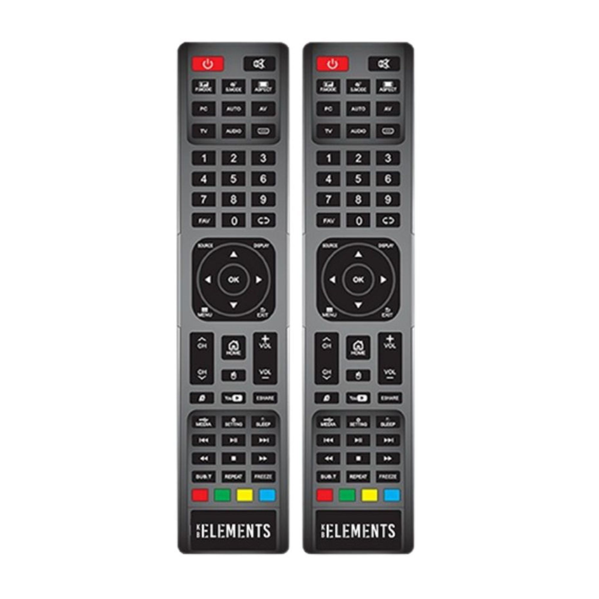 Zwei schwarze TV-Fernbedienungen mit Tasten. Elements-Logo unten.