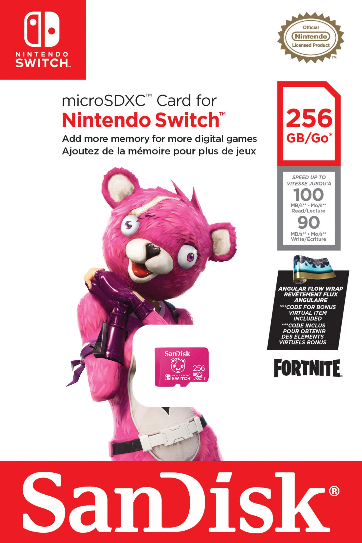 Scheda microSD SanDisk rosa con orso, logo Nintendo Switch e testo.