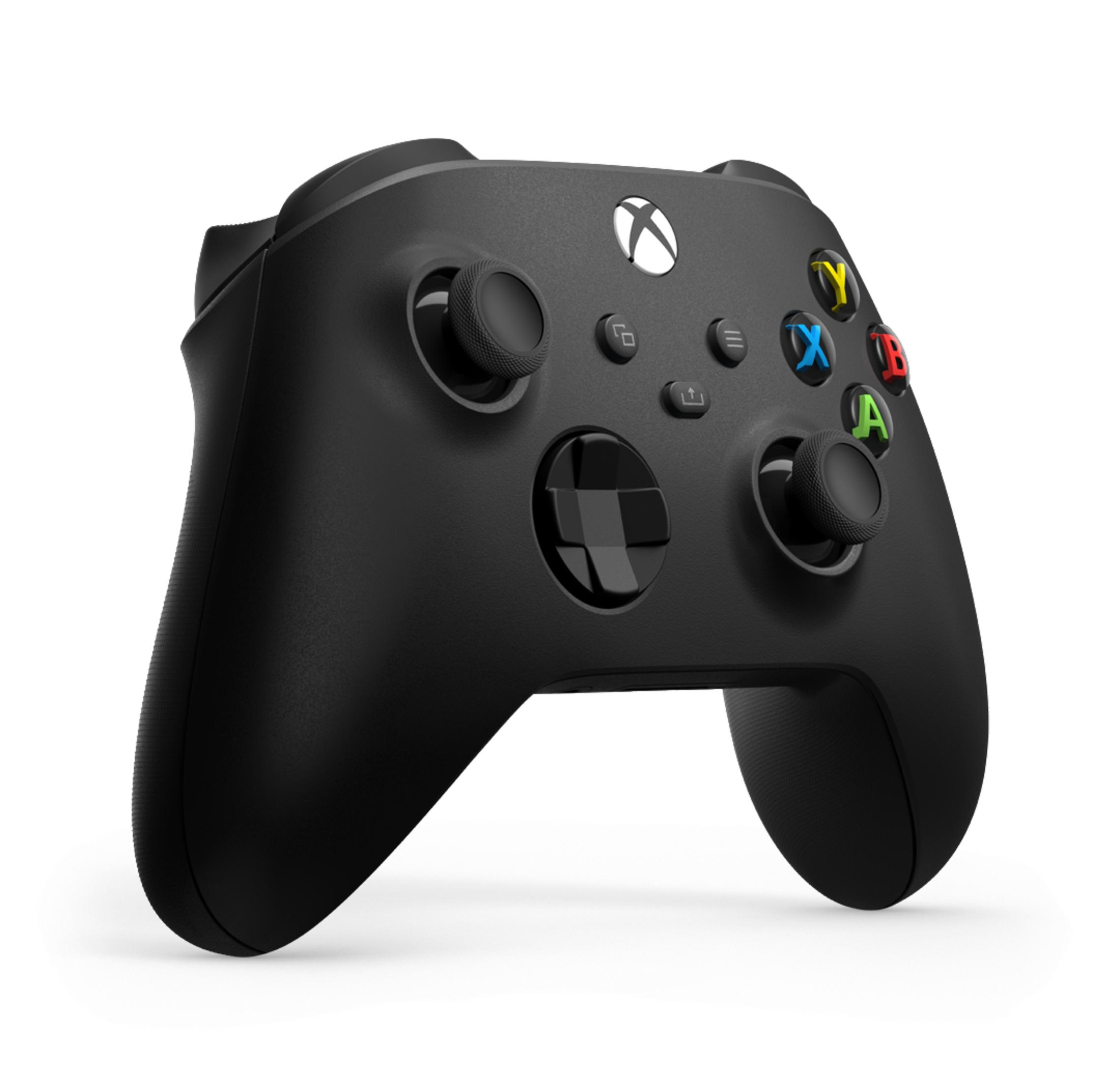 Ein schwarzer Xbox-Controller mit farbigen Knöpfen auf weißem Hintergrund.